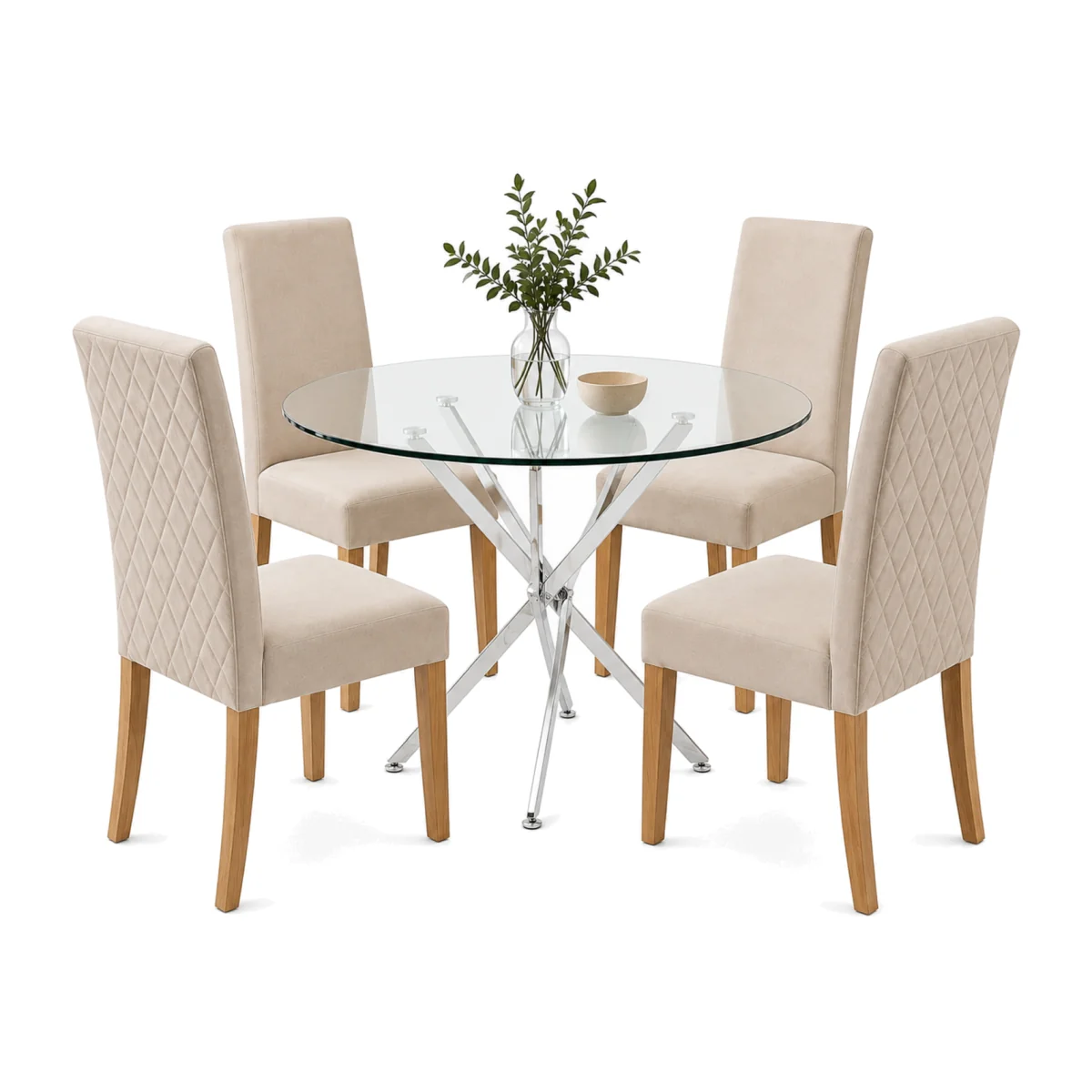 Glass Dining Table and 4 Cream Diamond Stitch Velvet Chairs with Wooden Legs - Cream – image 1