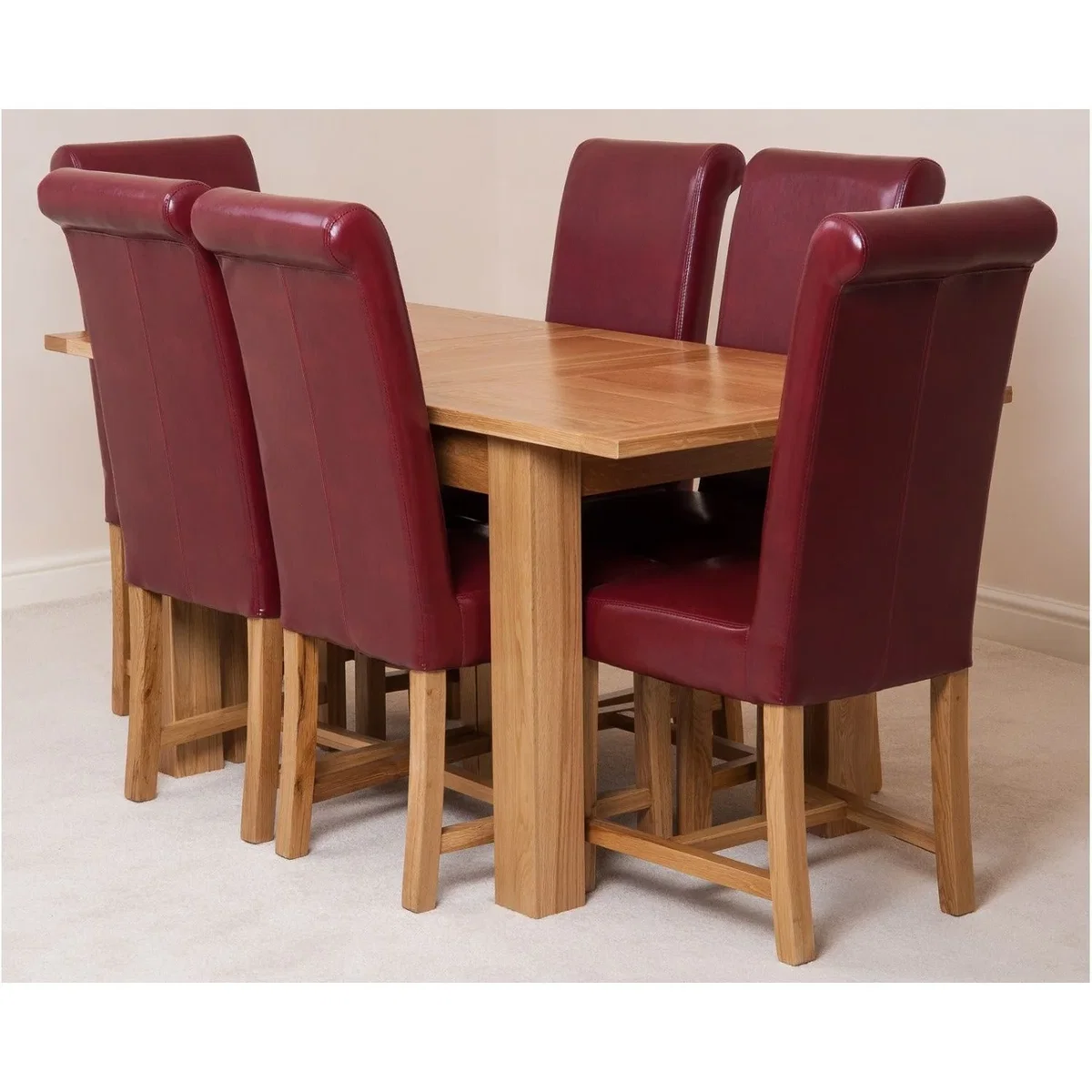 Hampton 120-160cm Oak Extending Dining Table + 6 Washington Leather Chairs - Red – image 22