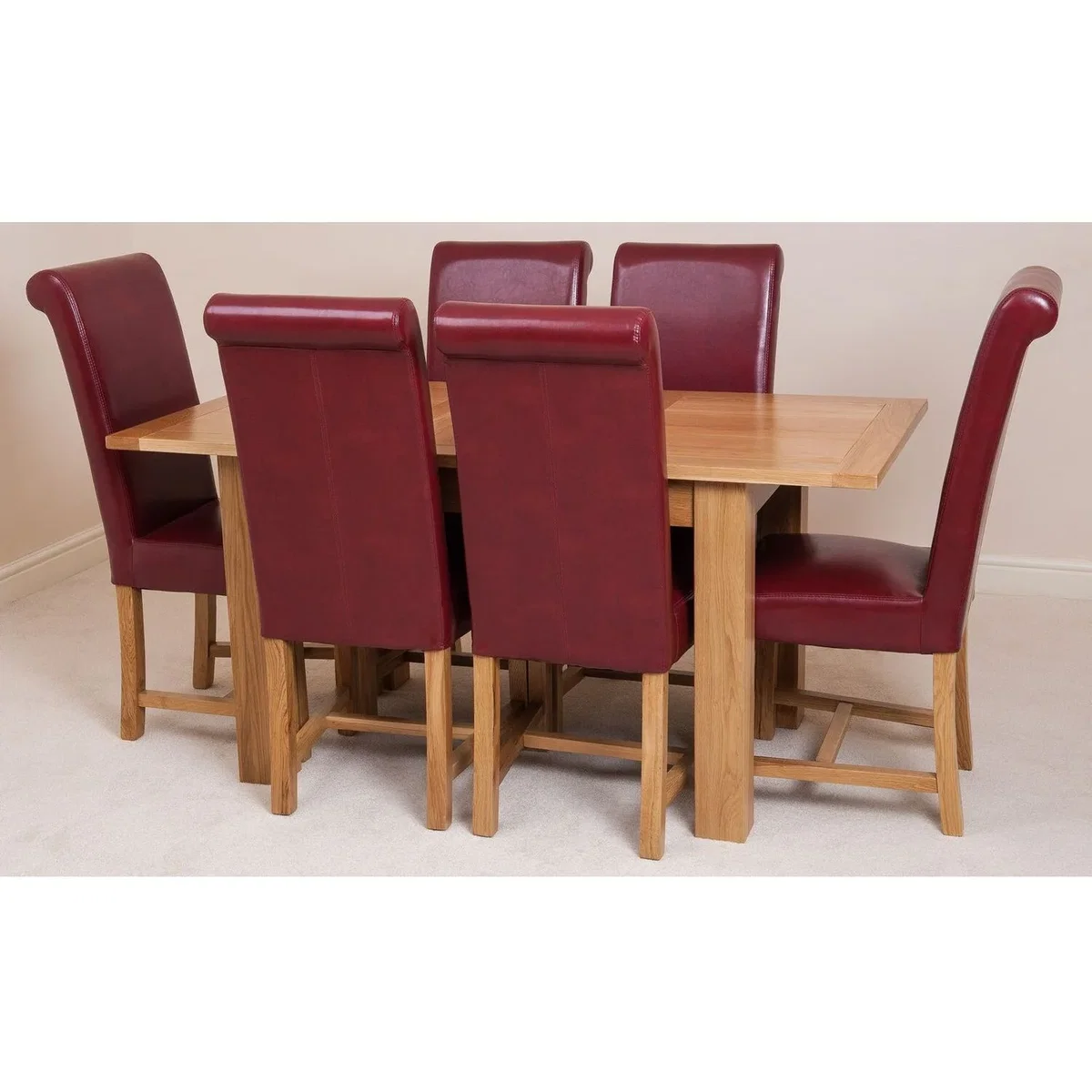 Hampton 120-160cm Oak Extending Dining Table + 6 Washington Leather Chairs - Red – image 23