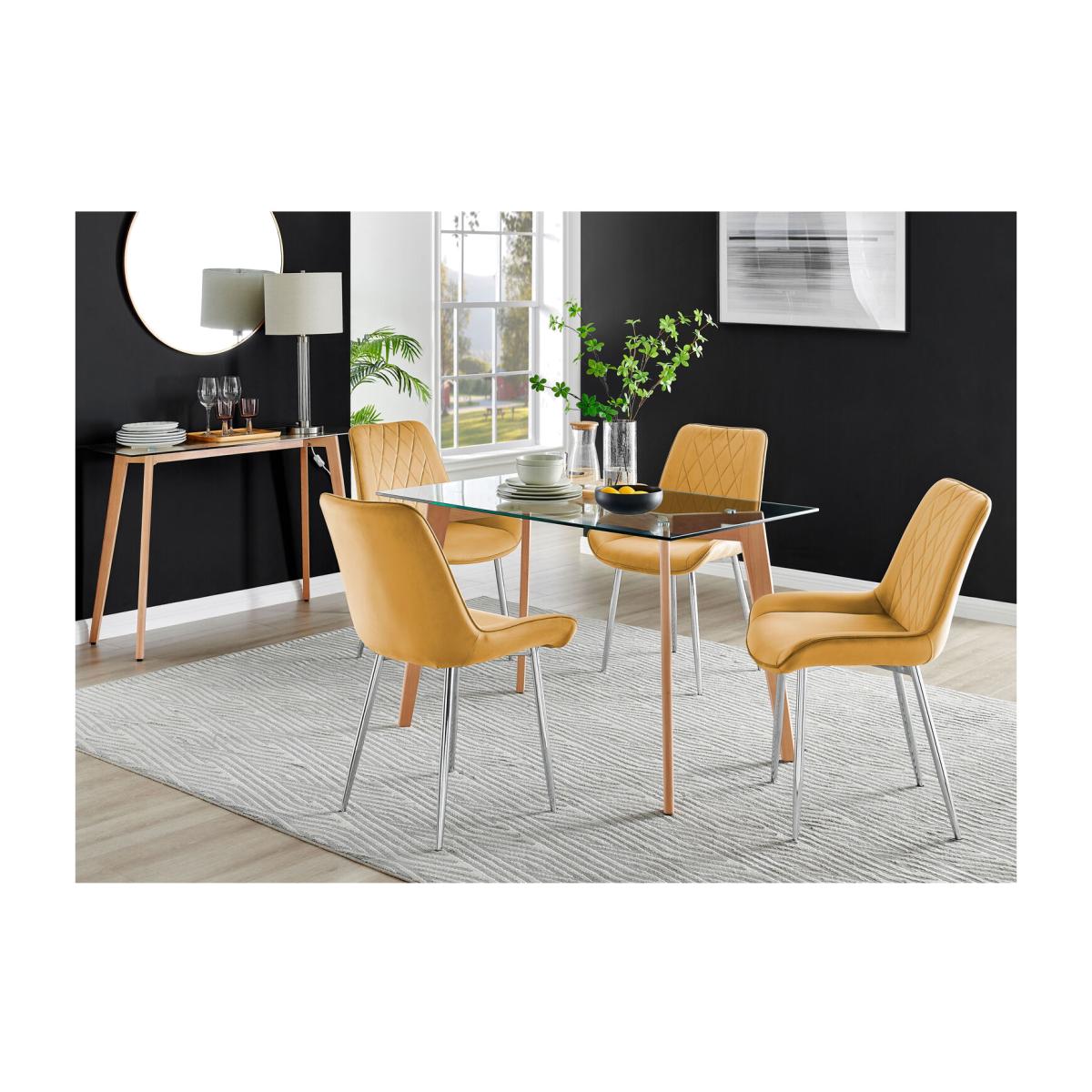 Malmo Glass and Wooden Leg Dining Table and 4 Pesaro Silver Chairs - Mustard – image 1