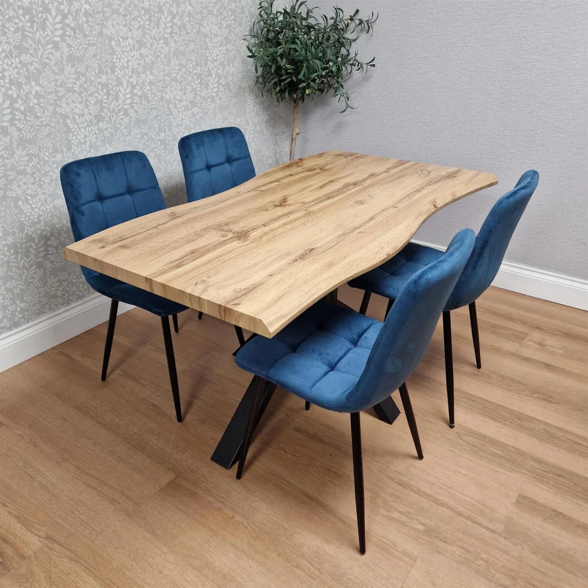 Modern Dining Table with 4 Blue velvet tuffted Chairs Kitchen Furniture - Brown – image 4