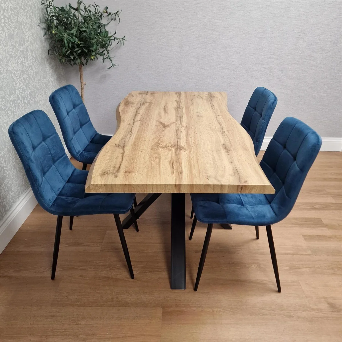 Modern Dining Table with 4 Blue velvet tuffted Chairs Kitchen Furniture - Brown – image 5