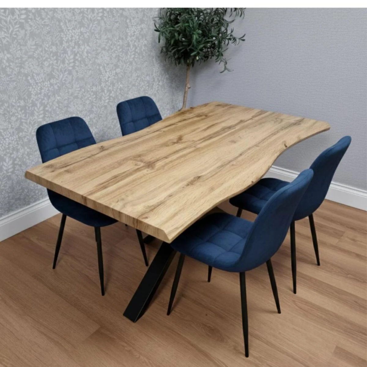 Modern Dining Table with 4 Blue velvet tuffted Chairs Kitchen Furniture - Brown – image 1