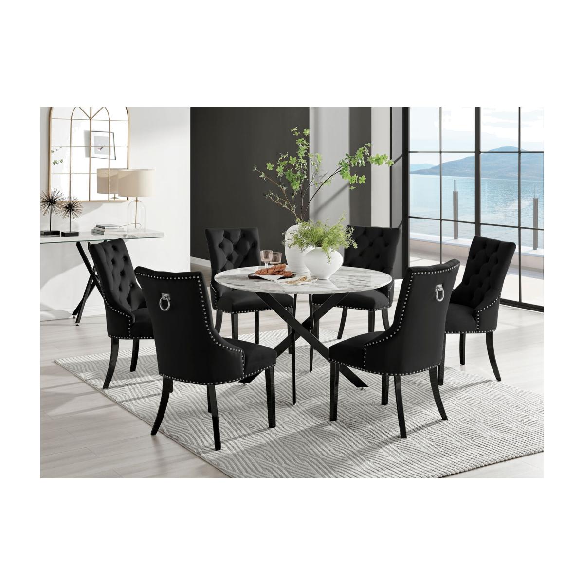 Novara White Marble Black Leg 120cm Table And 6 Belgravia Black Leg Chairs - Black