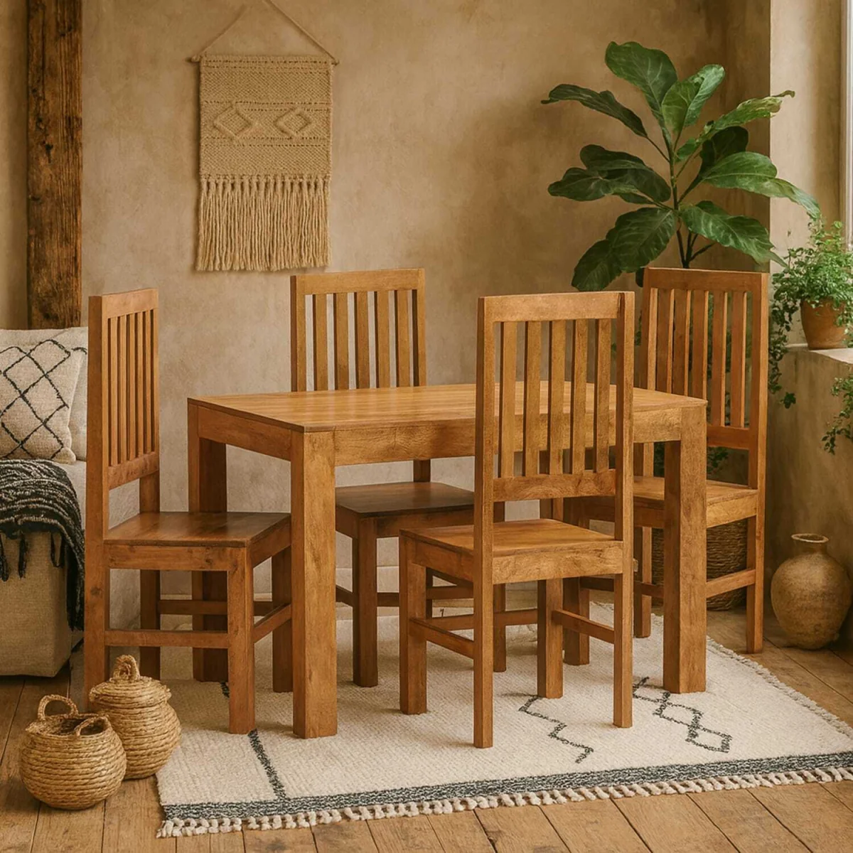 Manila Light Mango Wood Dining Set with 4 Slatted Chairs – image 2