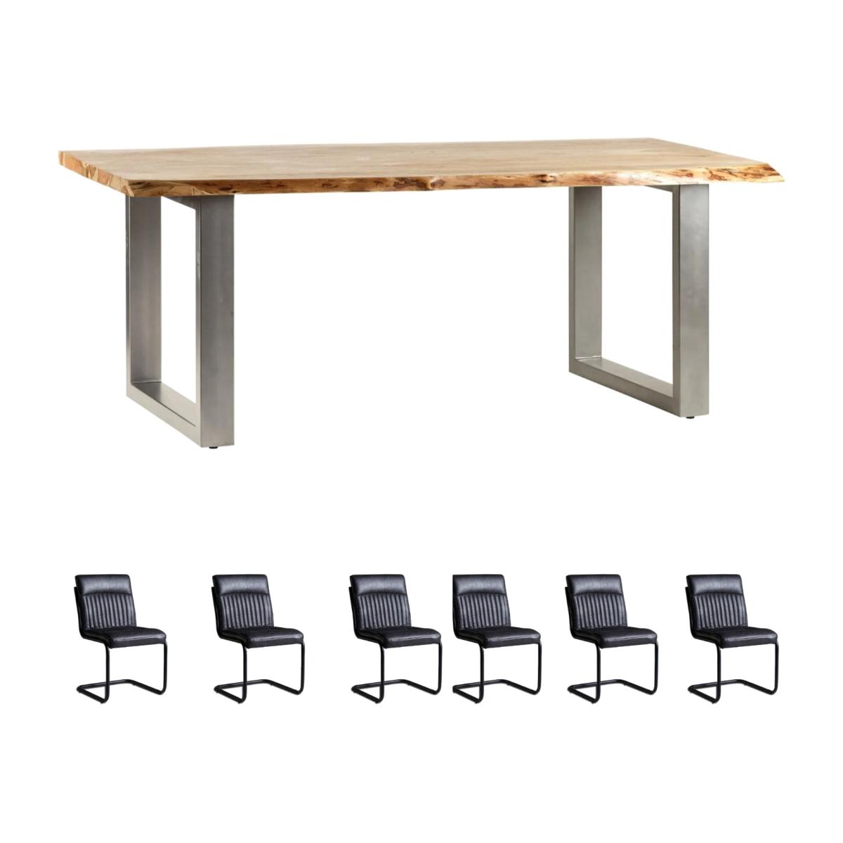 Natural Live Edge Large Dining Table Set With 6 Chairs - Natural Wood