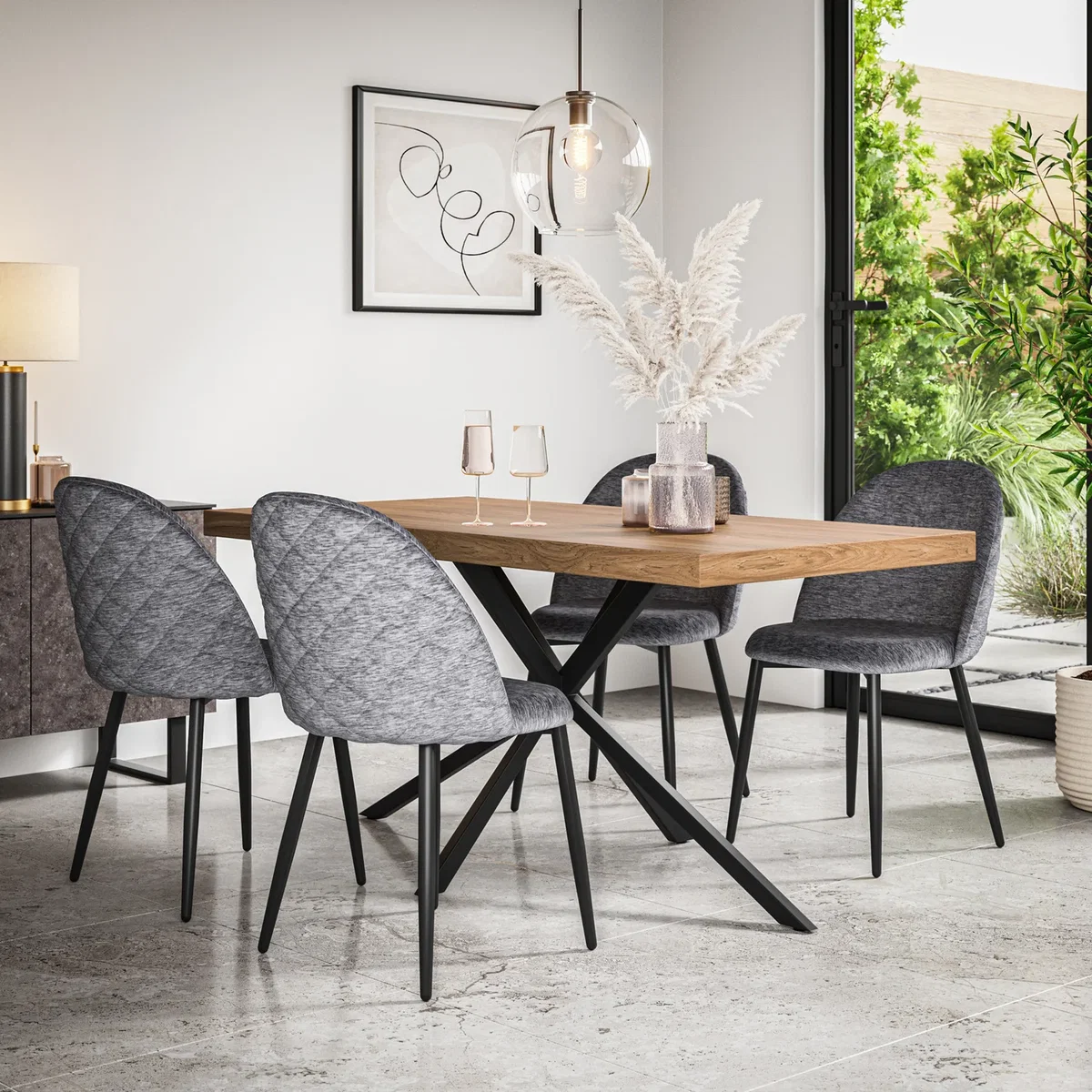 Donni Oak Effect Top Rectangle Dining Table and 4 Raye Velvet Chairs - Black - Grey – image 1