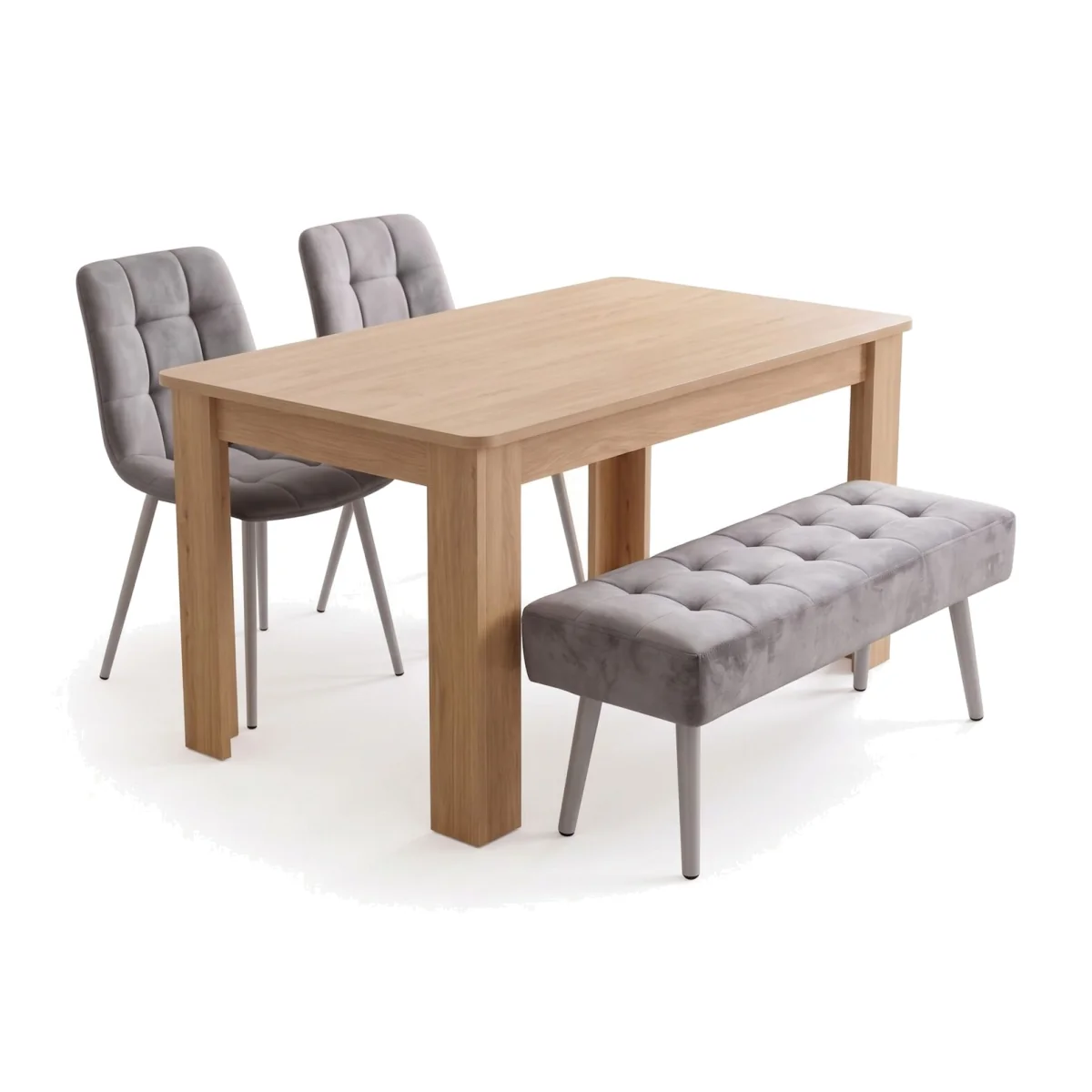Oak Effect Dining Table Set with 2 Grey Nova Chairs and Grey Nova Bench 4 Seater Kitchen Dining Set - Grey – image 1