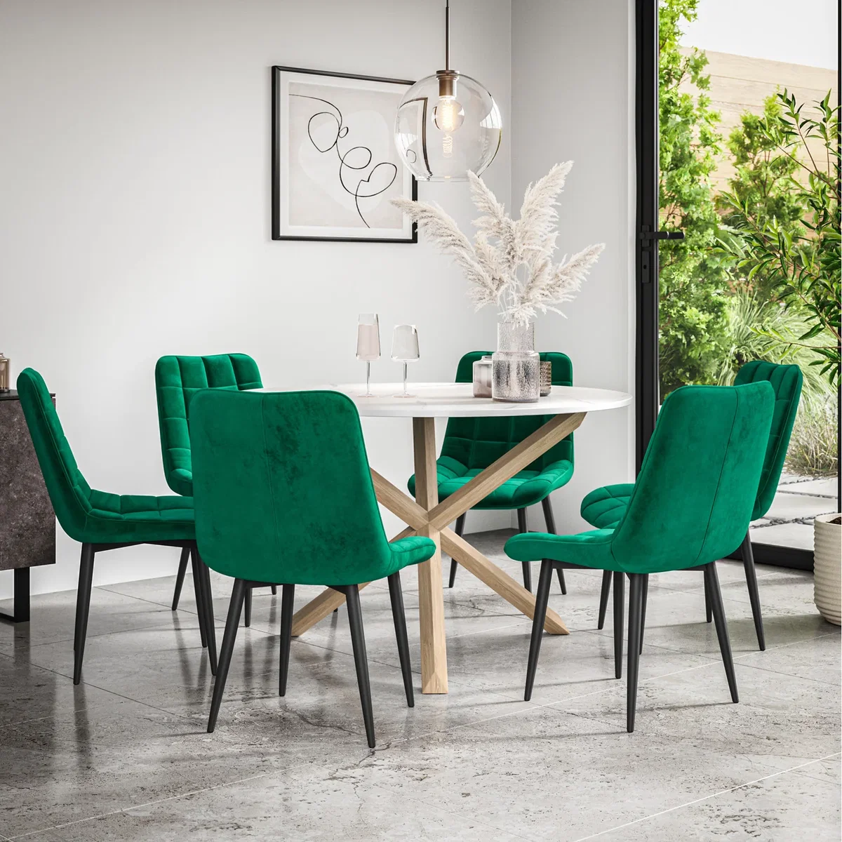 Malvern Round Marble Effect Dining Table Set w Oak Legs w 4-6 Nova Velvet Chair - Green