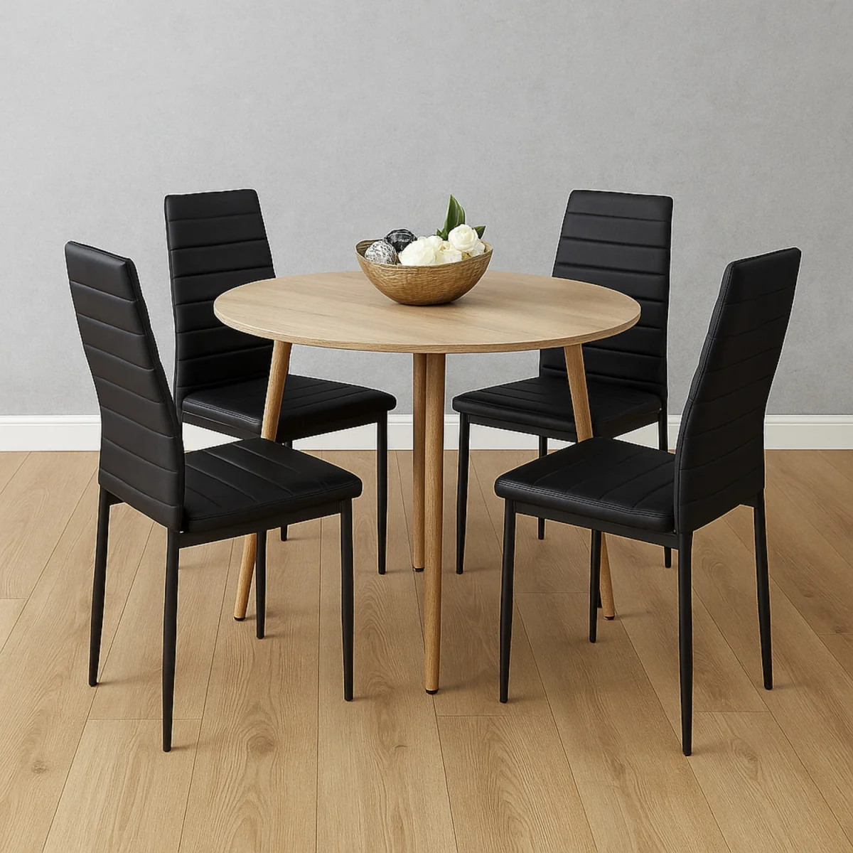 Modern Round Dining Table With 4 Black Faux Leather Chairs Kitchen Furniture Set - Brown – image 1
