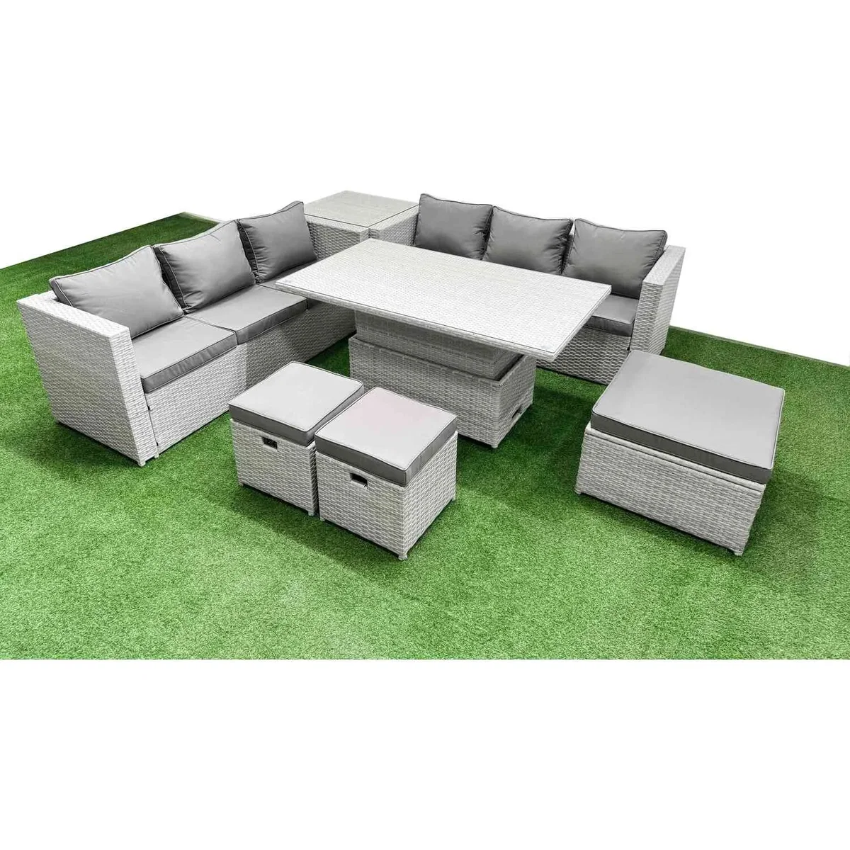 Fimous 7-Piece Rising Rattan Dining Set Light Grey - Light grey mixed rattan with dark grey fabric – image 2