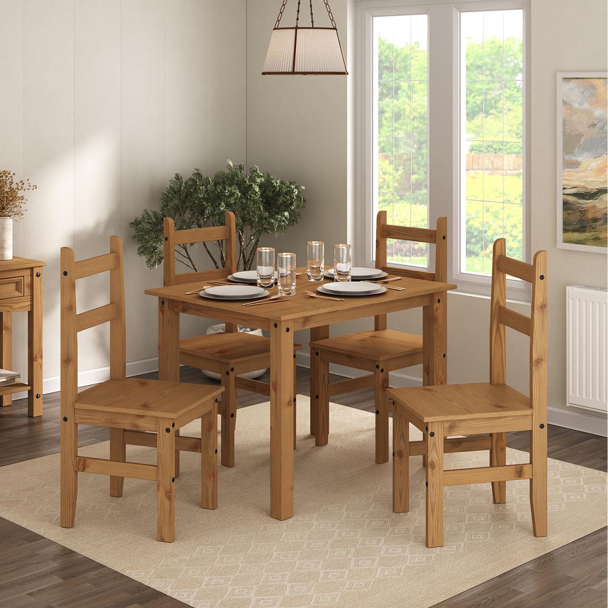 Corona Dining Table Set 4 Seater Solid Mexican Pine Wood Table With 4 Chairs - Waxed Pine