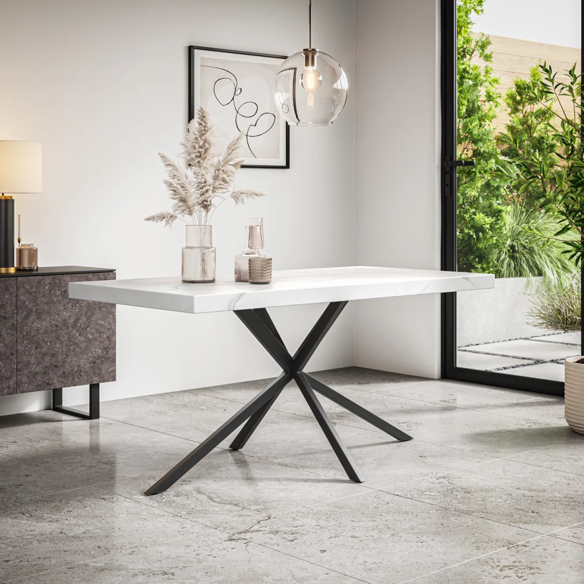 Donni Rectangle White Marble Top Dining Table & 4 Myla Linen Chairs - Grey – image 2