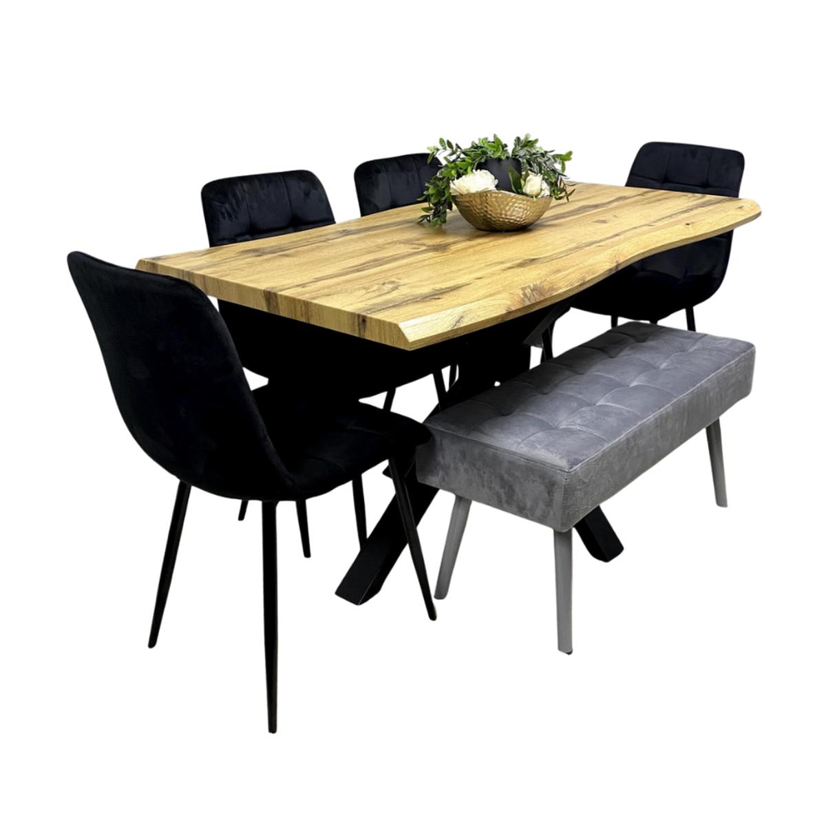 Dining Set with 2 black Velvet Chairs and a velvet padded grey bench - Brown / woodMDFVelvet
