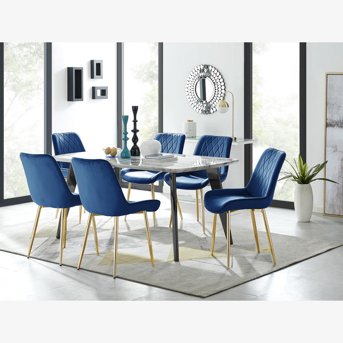 Andria Black Leg Marble Effect Dining Table and 6 Pesaro Gold Leg Chairs - Blue – image 1
