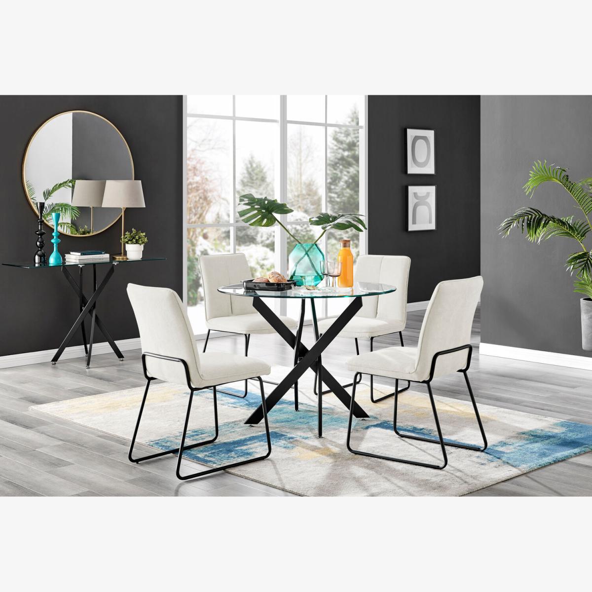 Novara Black Leg Round Glass Dining Table And 4 Halle Chairs - Cream