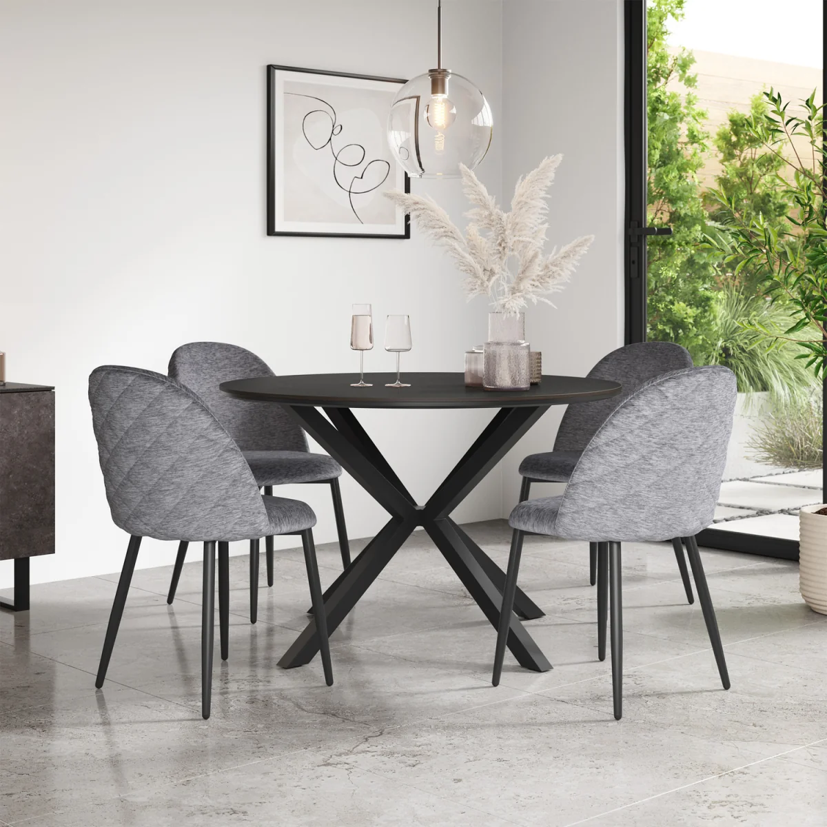Calne Concrete Table W Blk Leg+ Raye Velvet Dining Chair Set Of 6 - Grey – image 1