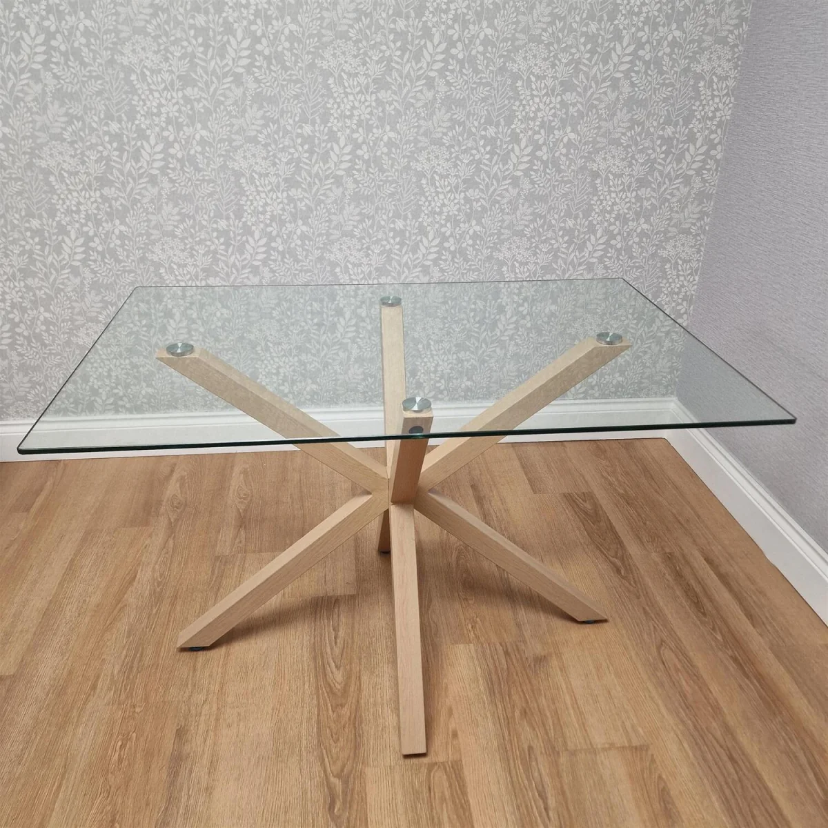 4 Seater Rectangle Glass Dining Table 2 Grey Benches Wood Effect X Metal Legs Kitchen Dining Room - Clear – image 2