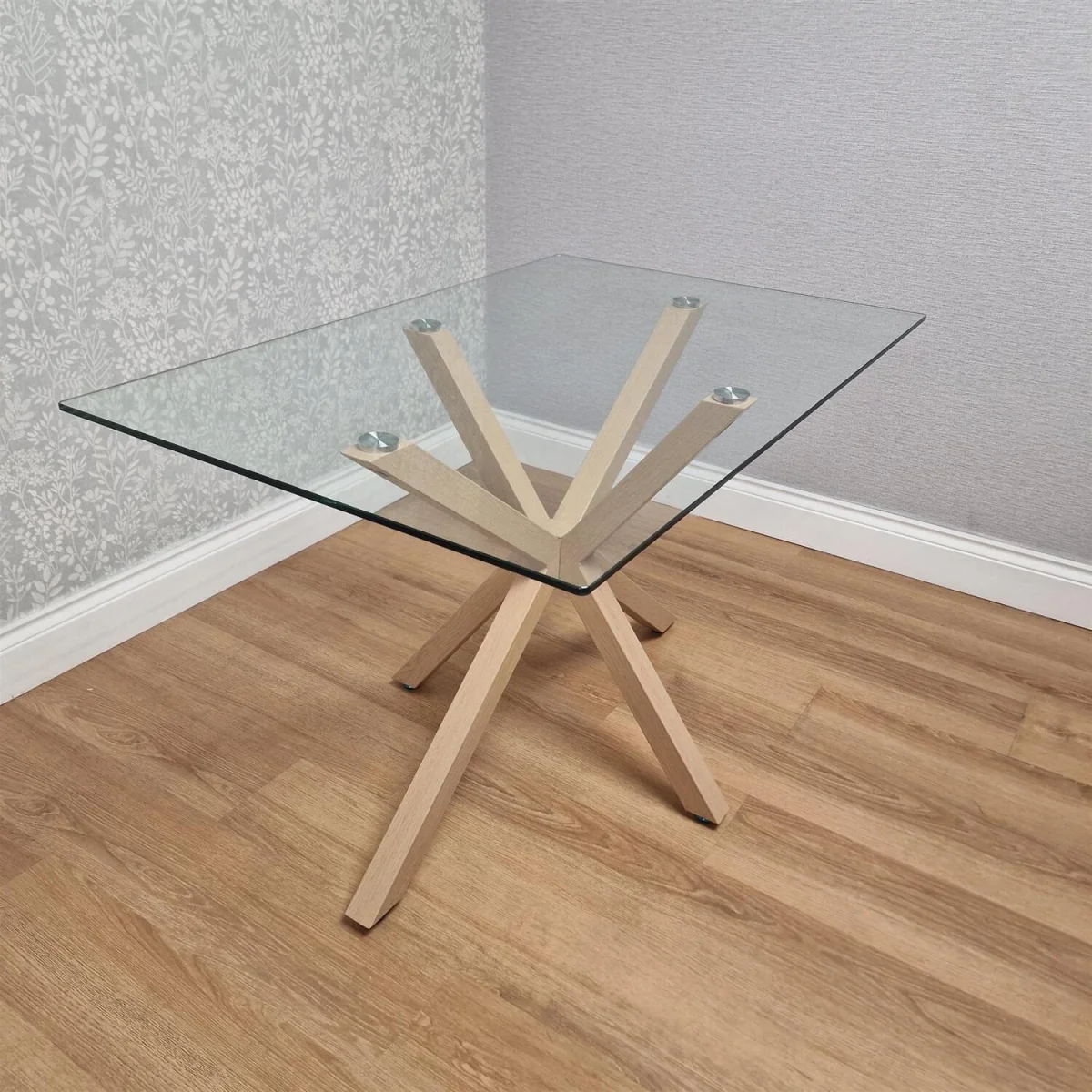 4 Seater Rectangle Glass Dining Table 2 Grey Benches Wood Effect X Metal Legs Kitchen Dining Room - Clear – image 4