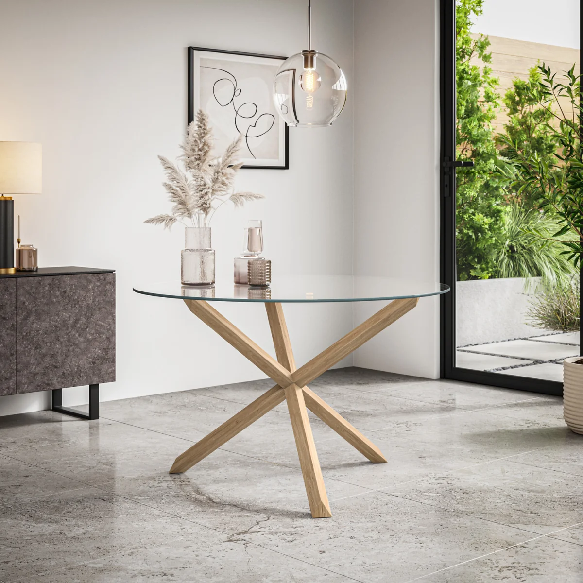 Malvern Glass Top With Oak Leg Round Dining Table & 4 Raye Velvet Chairs - Mustard – image 2