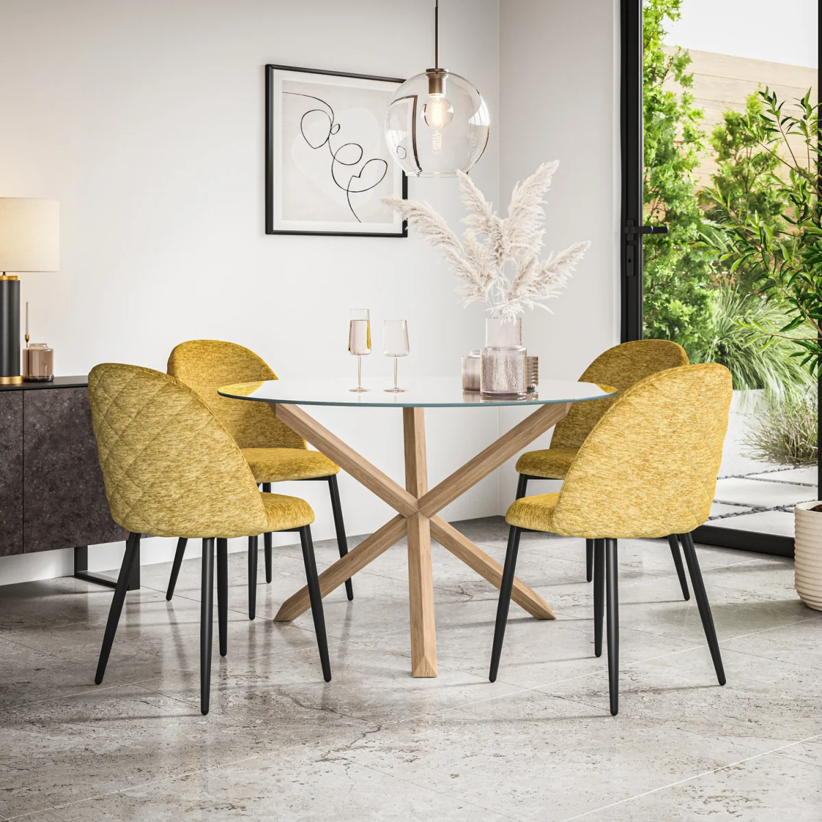 Malvern Glass Top With Oak Leg Round Dining Table & 4 Raye Velvet Chairs - Mustard – image 1