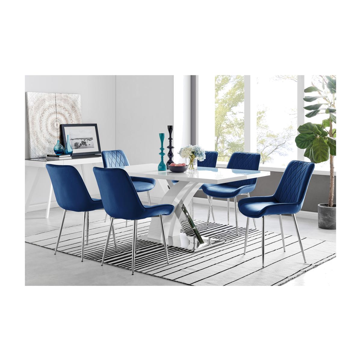 Atlanta 6 White Dining Table and 6 Pesaro Silver Leg Chairs - Navy – image 1