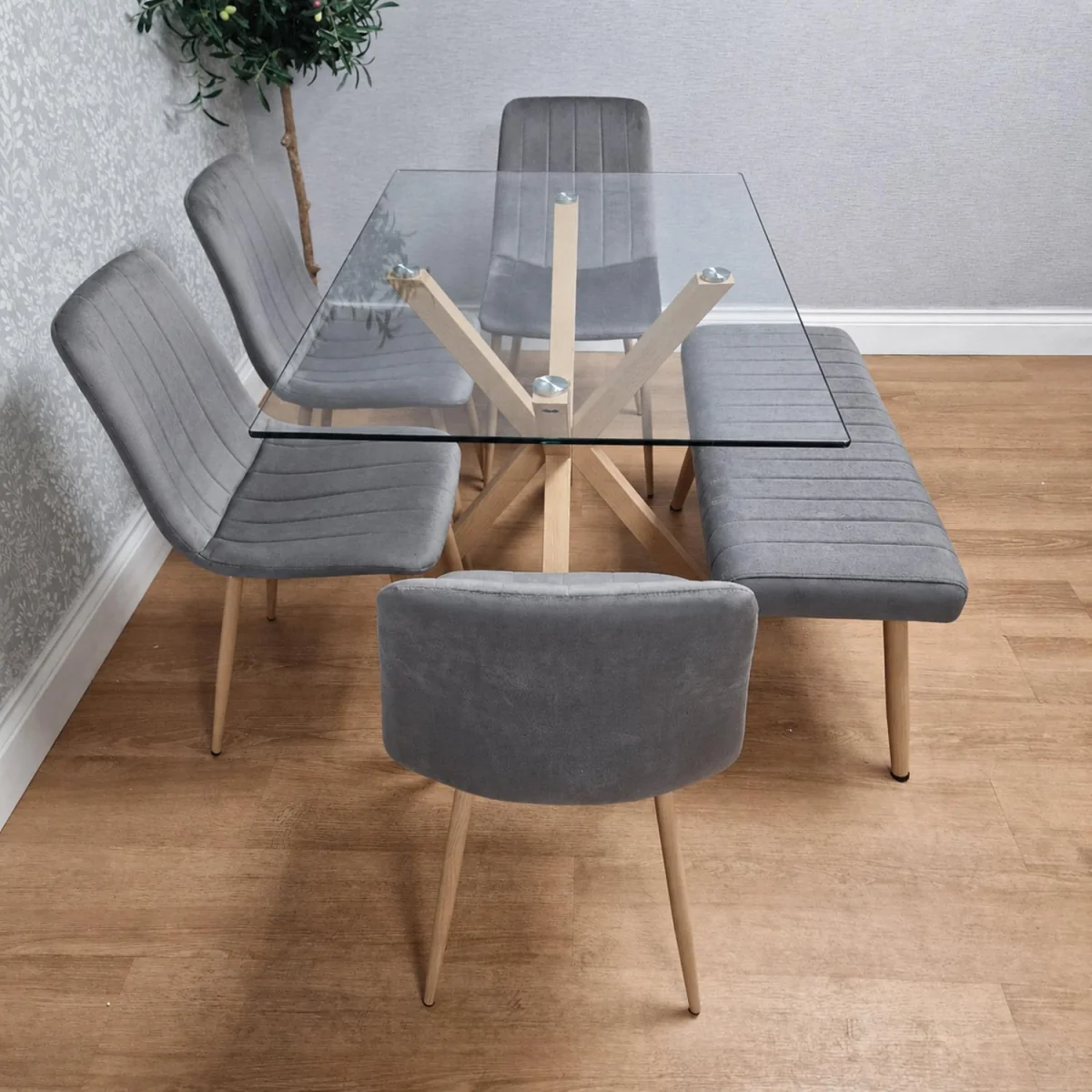 6 Seater Rectangle Glass Dining Table with 4 Grey Chairs Bench Wood Effect X Metal Legs Dining Room - Clear – image 2