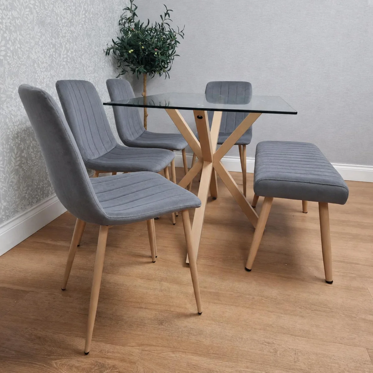 6 Seater Rectangle Glass Dining Table with 4 Grey Chairs Bench Wood Effect X Metal Legs Dining Room - Clear – image 3