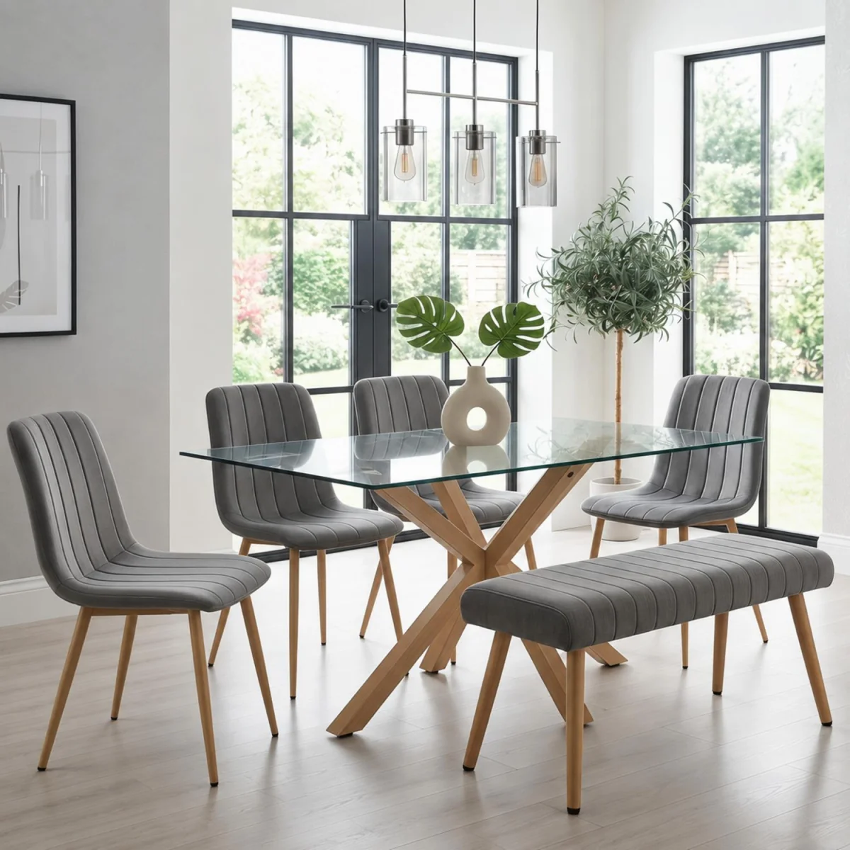 6 Seater Rectangle Glass Dining Table with 4 Grey Chairs Bench Wood Effect X Metal Legs Dining Room - Clear – image 4