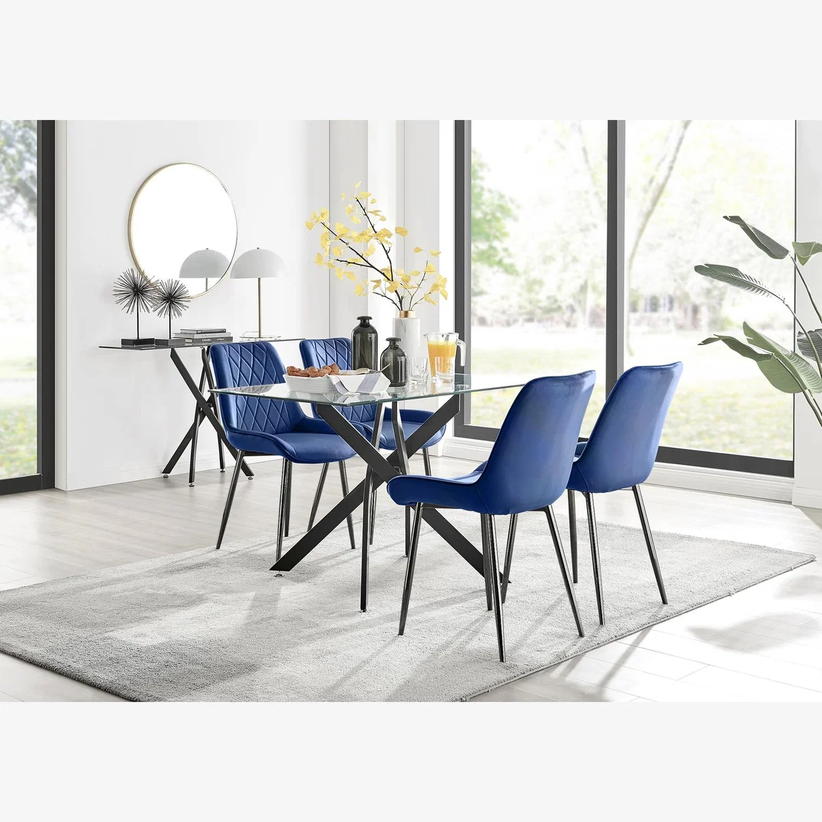 Leonardo Black Leg Glass Dining Table With 4 Pesaro Black Leg Chairs - Navy – image 1