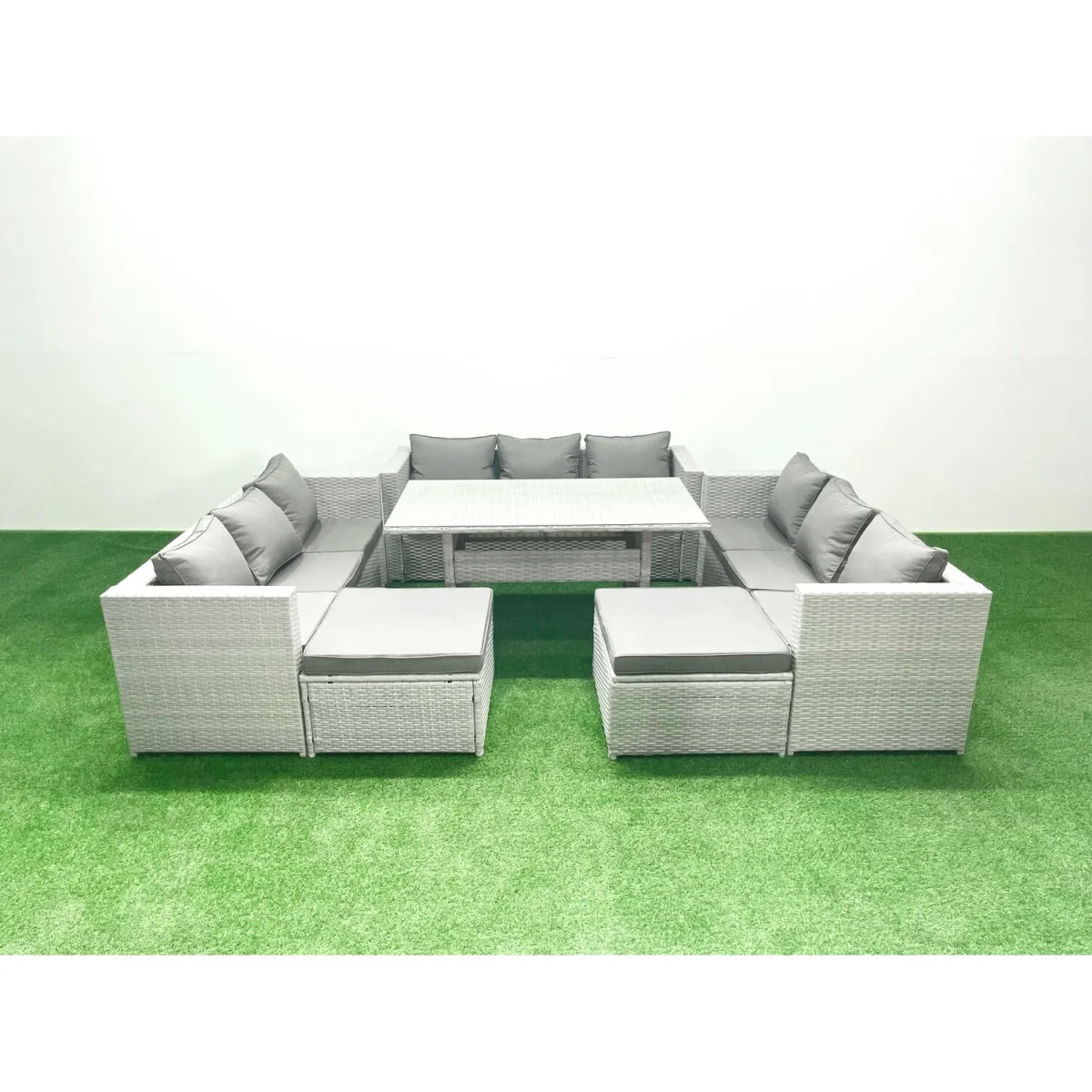 Fimous 11-Seater Rattan Sofa and Dining Table Set with 2 Big Footstools Light Grey Mixed - Light grey mixed rattan with dark grey fabric – image 5