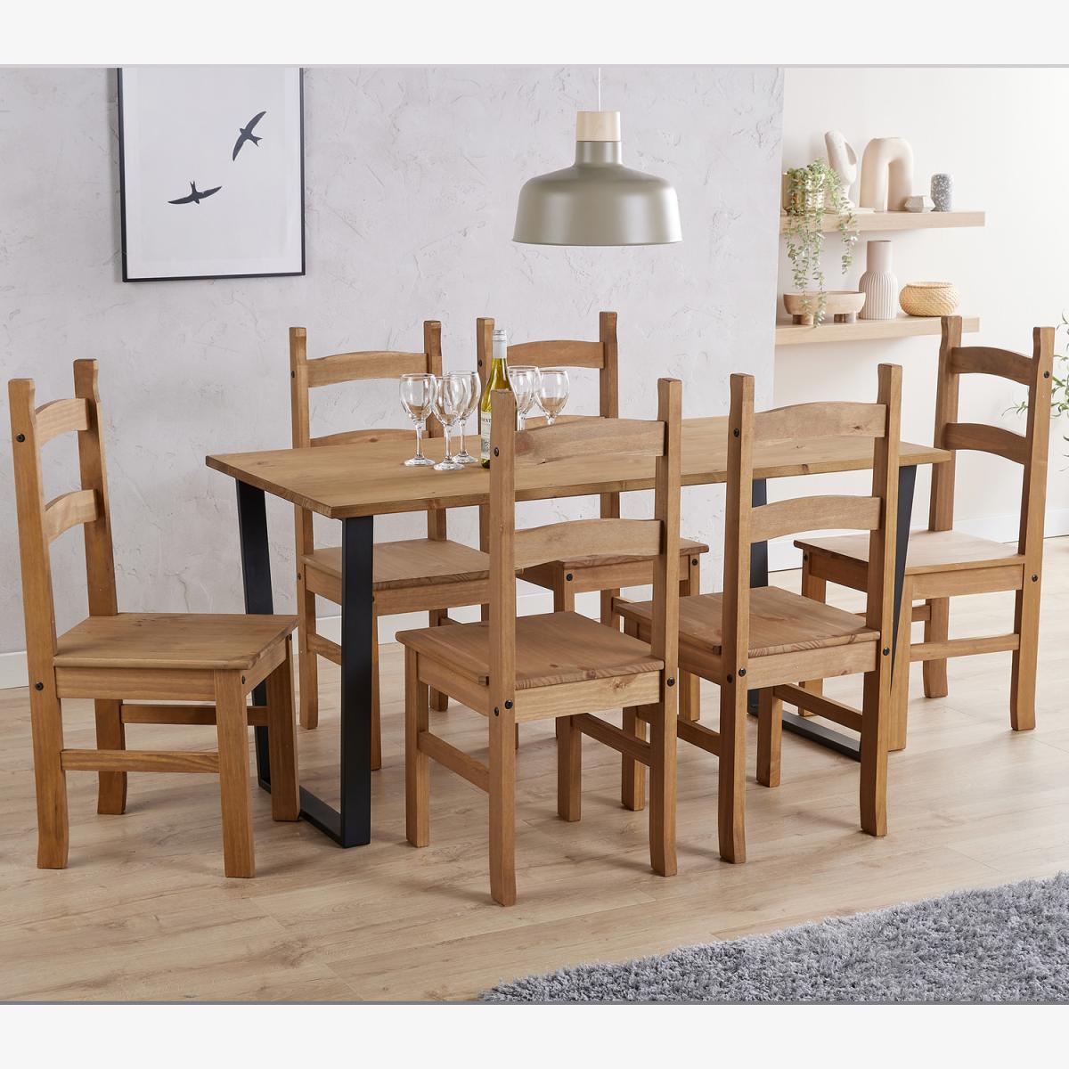 Texas large dining table with 6 chairs set - Antique waxed pine