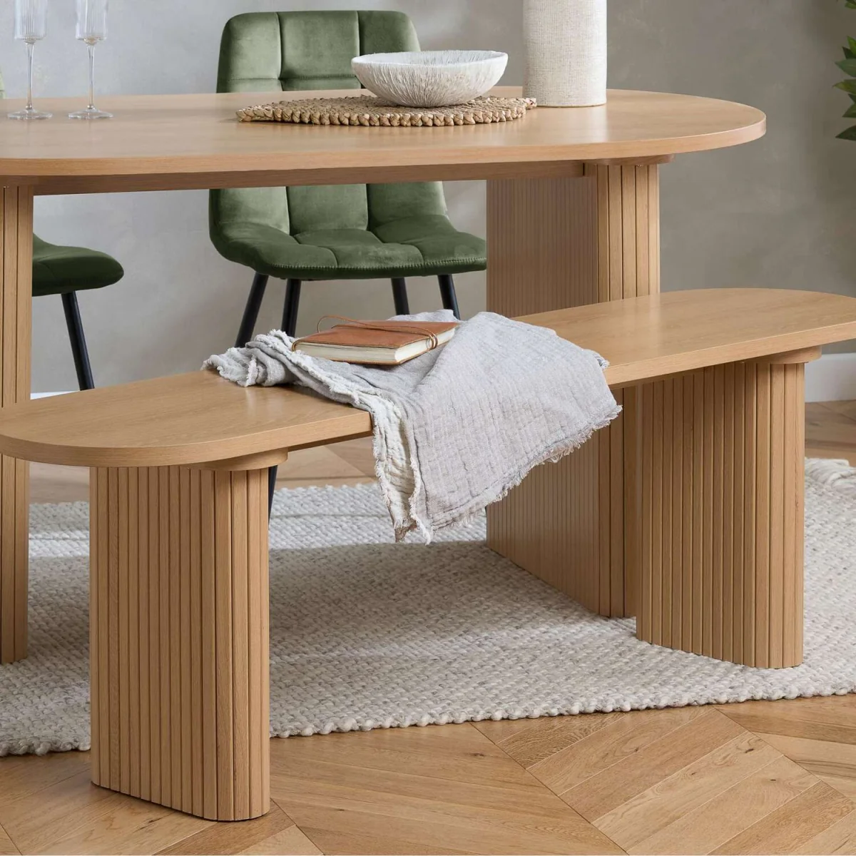 Birlea Axel Oval Fluted Dining Table With 2 Chairs And Bench B - Oak – image 5
