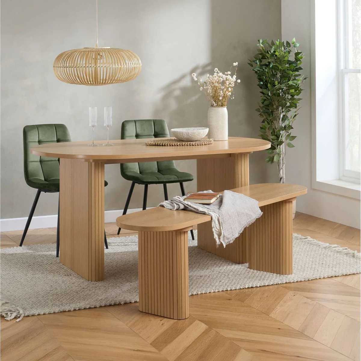 Birlea Axel Oval Fluted Dining Table With 2 Chairs And Bench B - Oak – image 1
