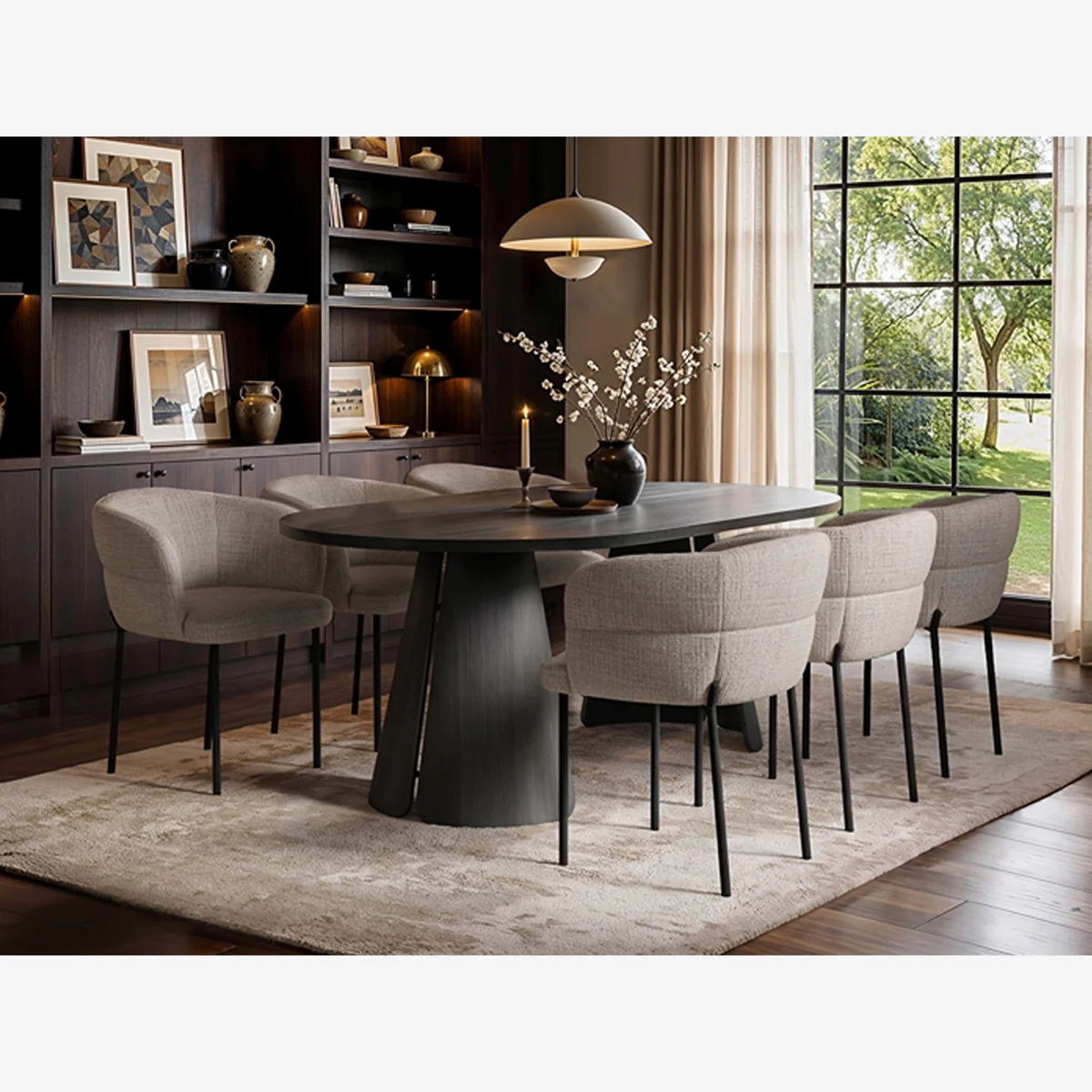 Ebony Black Extendable Dining Table with 6 Elise Chairs Light Brown - Black