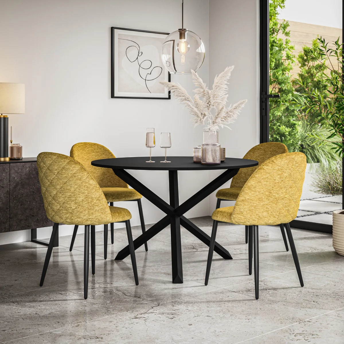 Malvern Black Top Round Dining Table and 4 Raye Velvet Chairs - Black - Mustard – image 1
