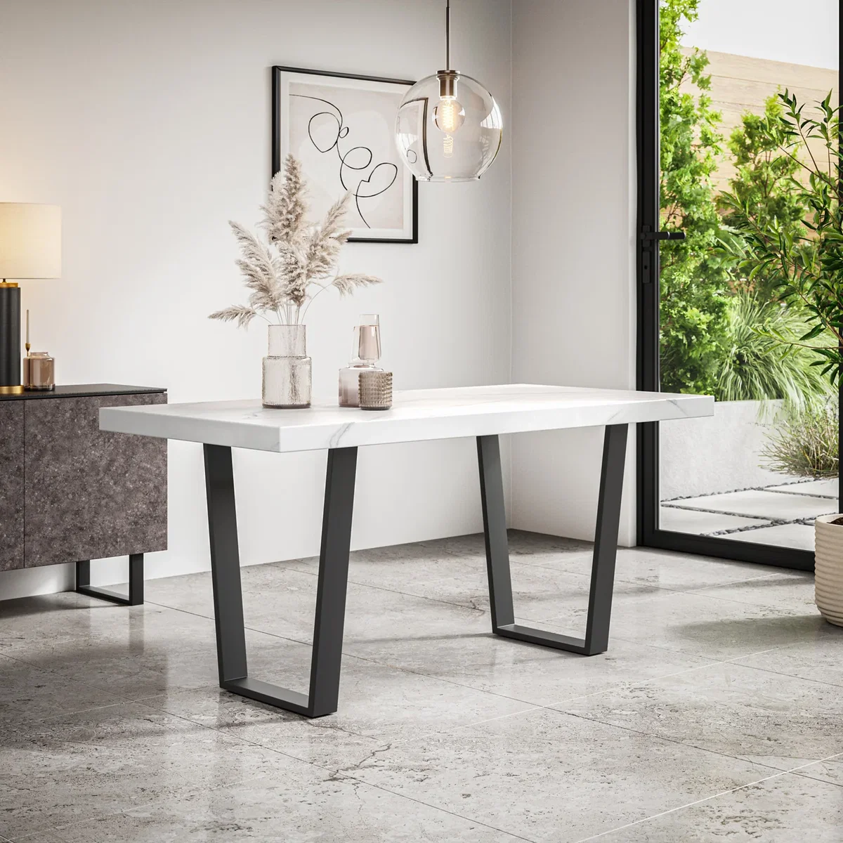 Aria White Marble Top Rectangle Dining Table & 4 Raye Velvet Chairs - Green – image 2