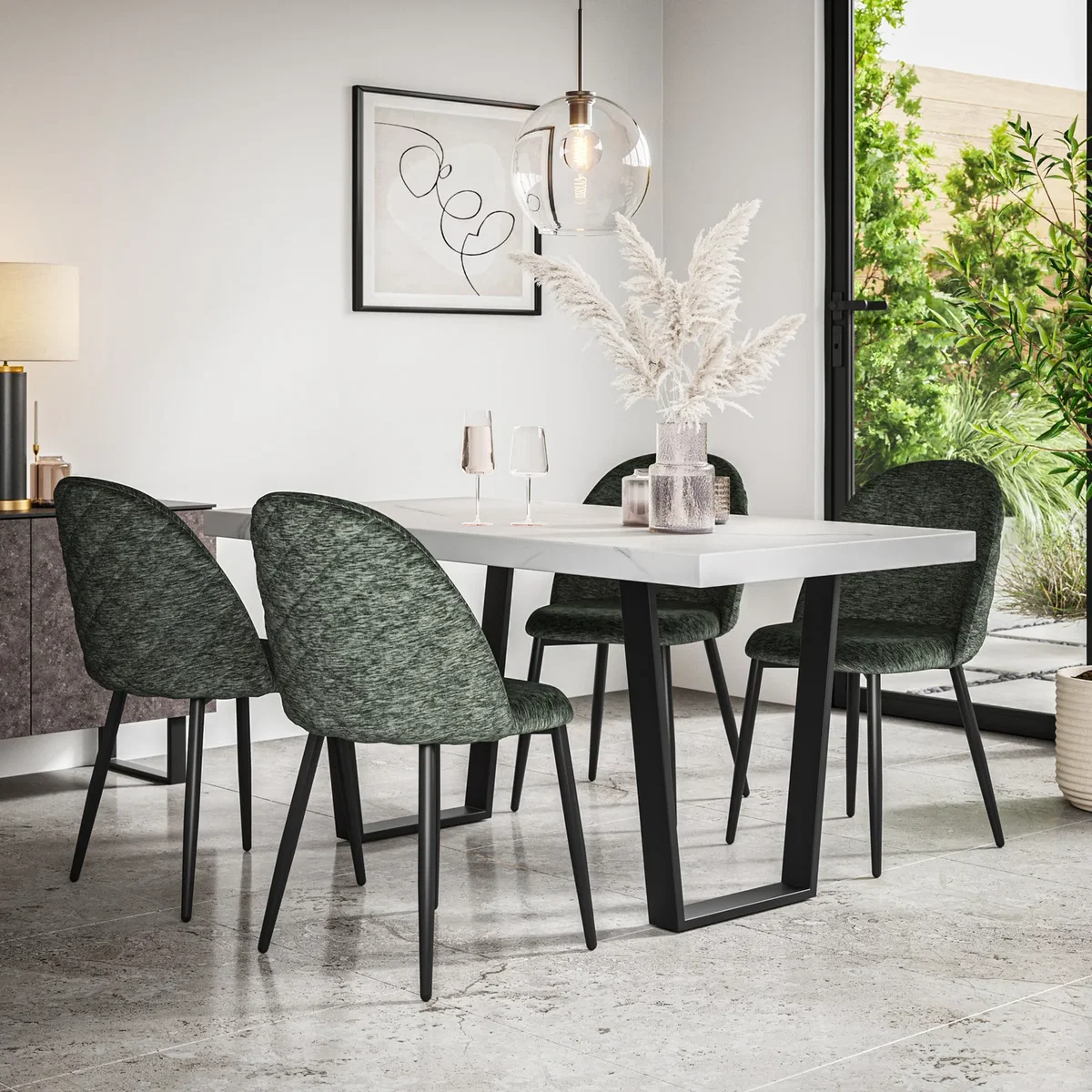 Aria White Marble Top Rectangle Dining Table & 4 Raye Velvet Chairs - Green – image 1