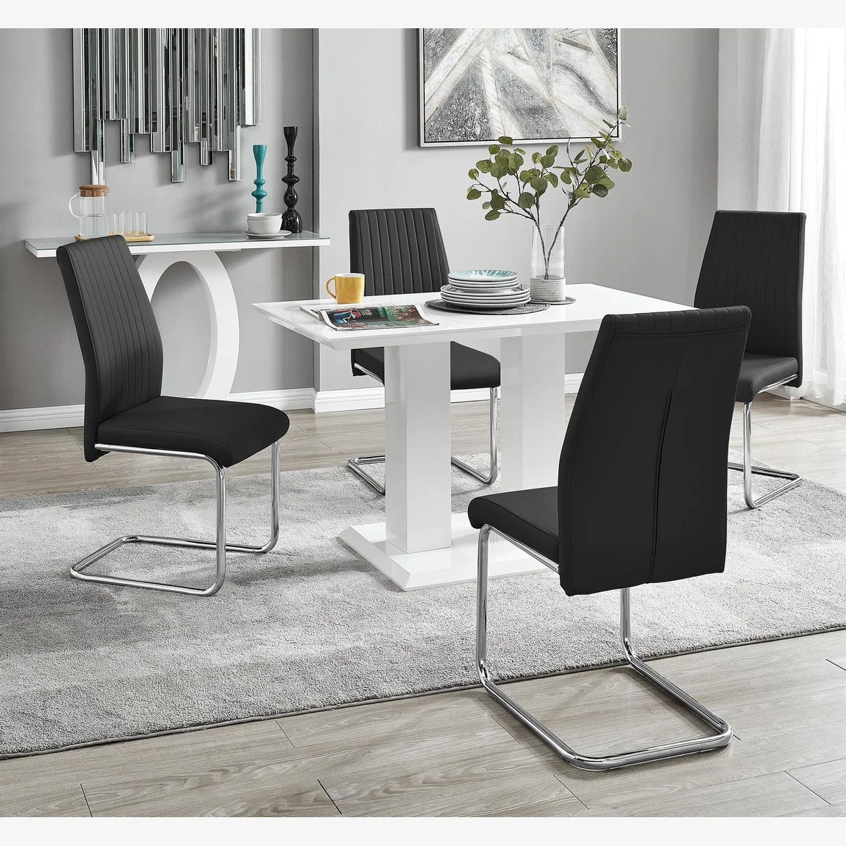 Imperia 4 Modern White High Gloss Dining Table and 4 Lorenzo Chrome Chairs Set - Black – image 1