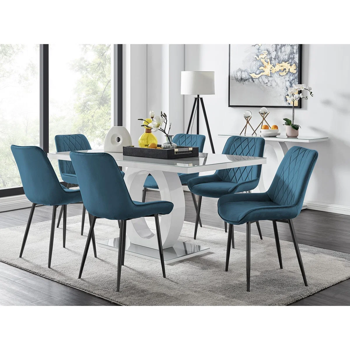 Giovani 6 Grey Dining Table with 6 Pesaro Black Leg Chairs - Blue – image 21