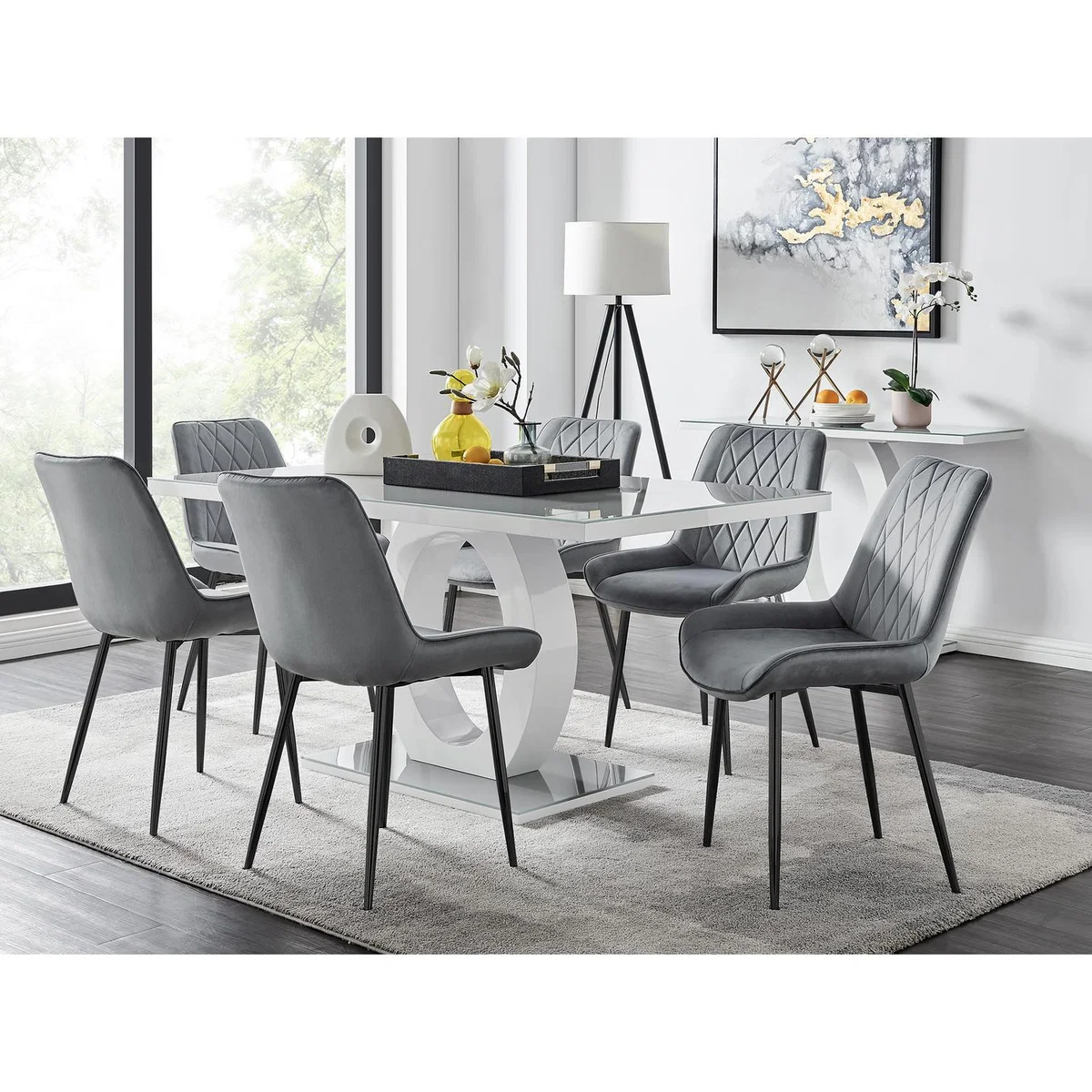 Giovani 6 Grey Dining Table with 6 Pesaro Black Leg Chairs - Blue – image 22