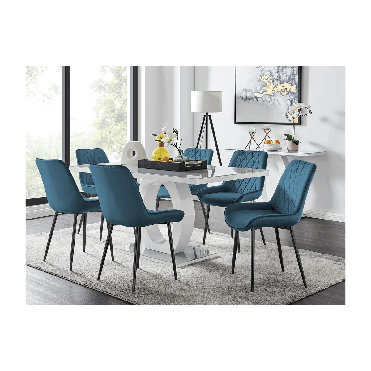 Giovani 6 Grey Dining Table with 6 Pesaro Black Leg Chairs - Blue – image 1