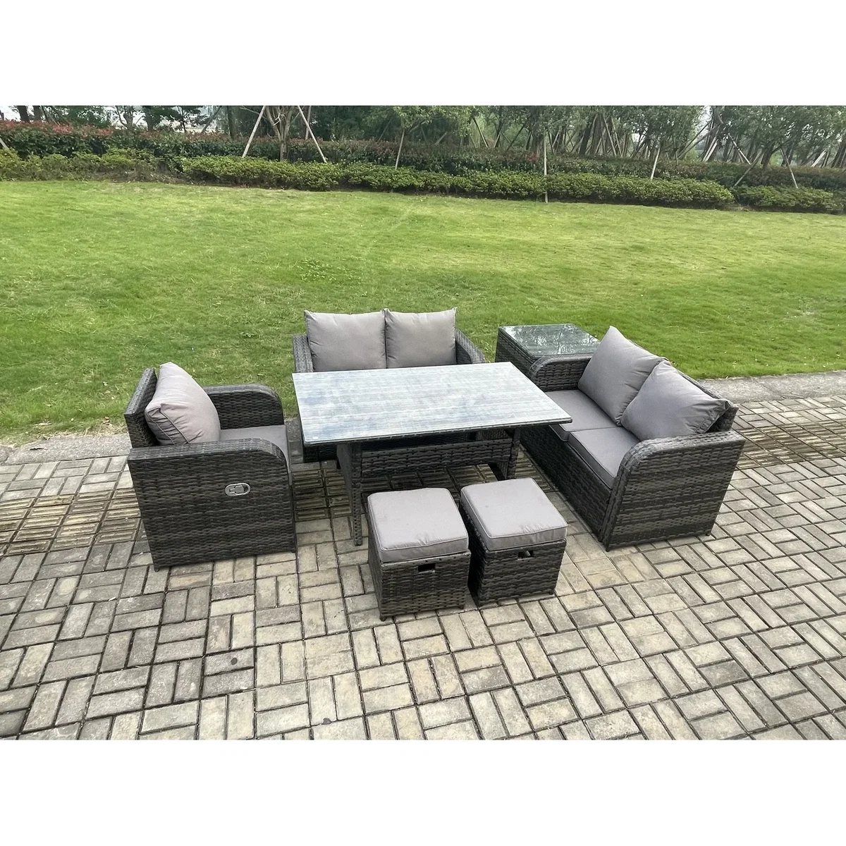 Fimous Rattan Lounge Sofa Dining Set with Side Table & 2 Footstools - Dark Grey – image 3