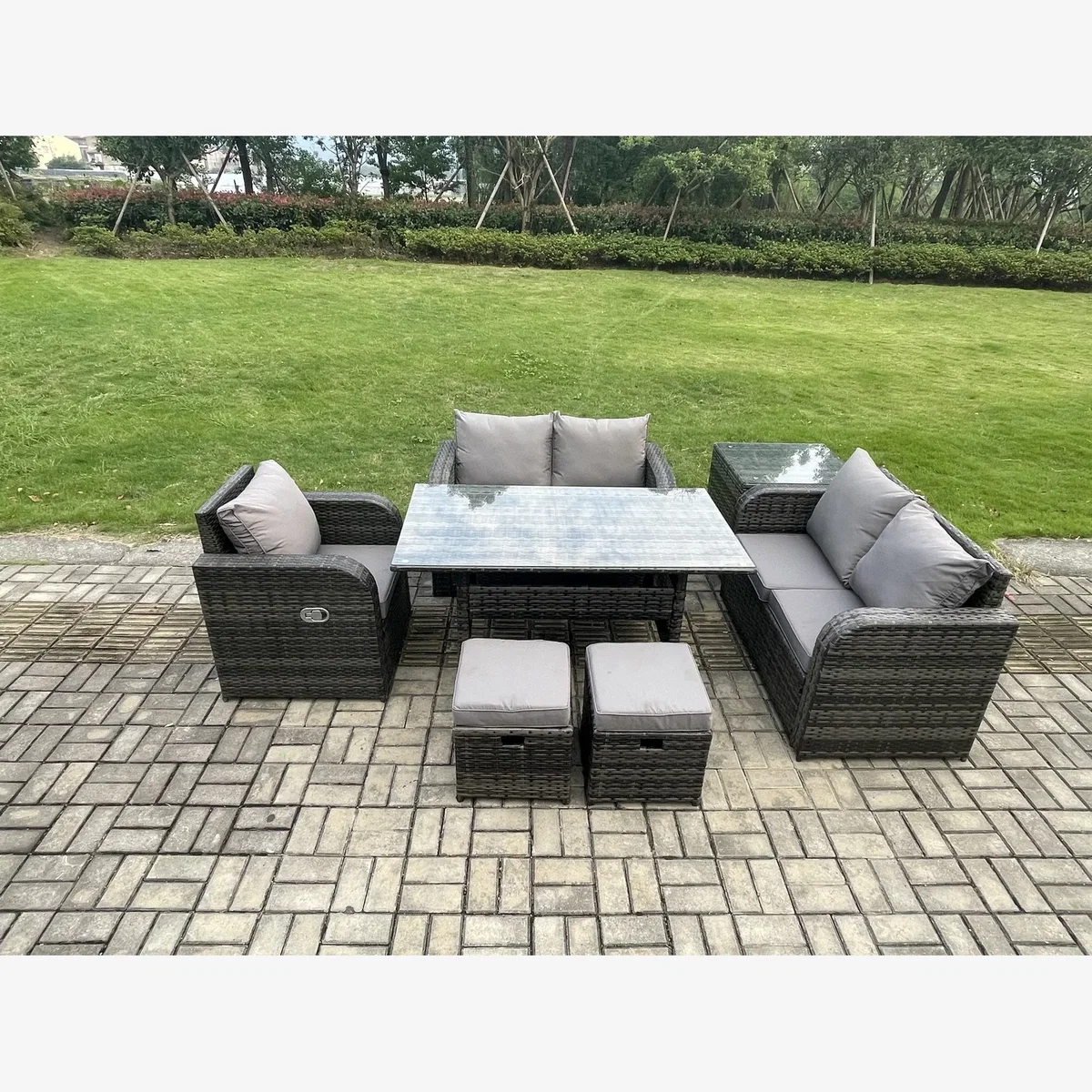 Fimous Rattan Lounge Sofa Dining Set with Side Table & 2 Footstools - Dark Grey – image 1
