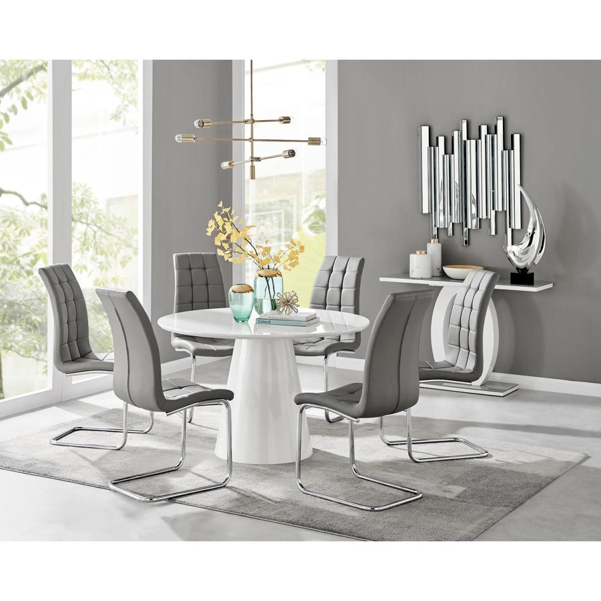 Palma White High Gloss Round Dining Table and 6 Murano Chairs - Grey – image 15
