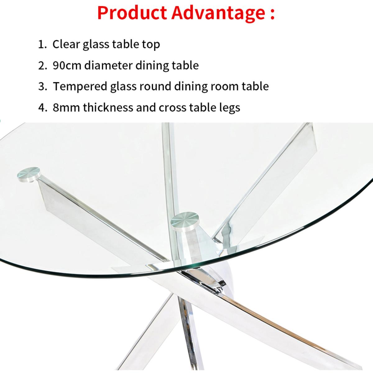 Glass Round Dining Table Set and 4 White Faux Leather Chairs Kitchen Table - Silver – image 2