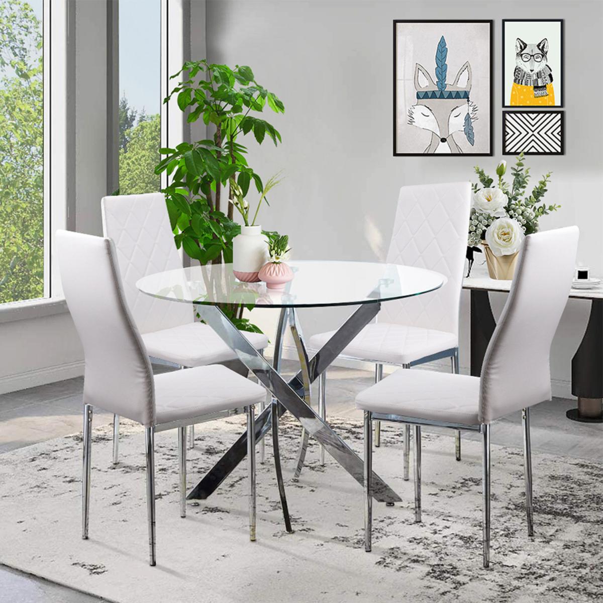 Glass Round Dining Table Set and 4 White Faux Leather Chairs Kitchen Table - Silver – image 4