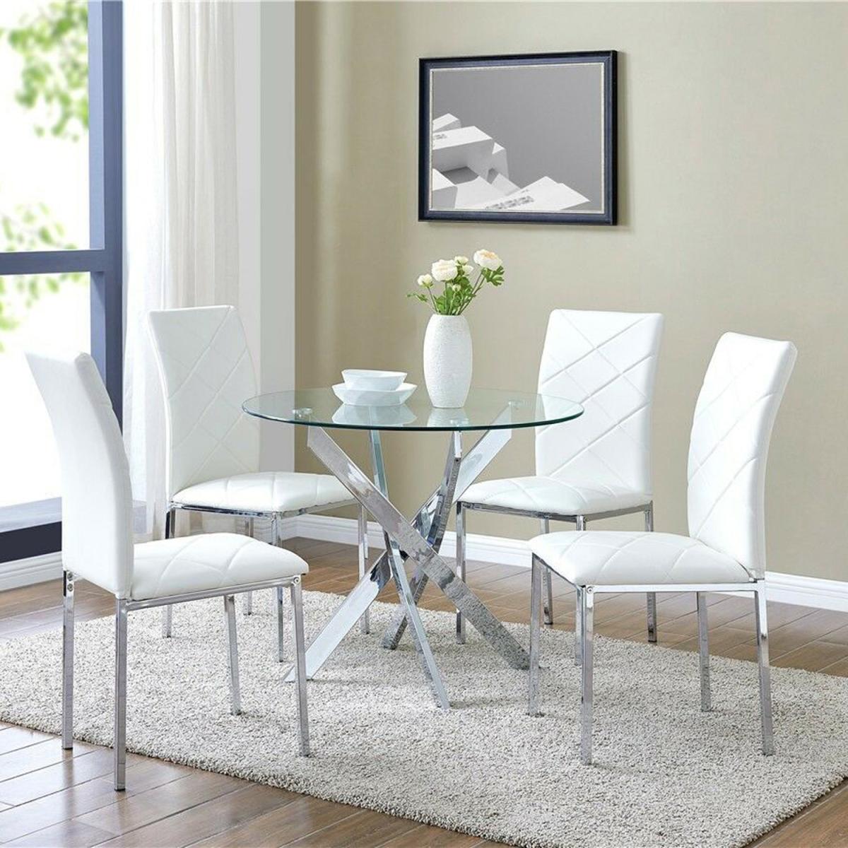 Glass Round Dining Table Set and 4 White Faux Leather Chairs Kitchen Table - Silver – image 5