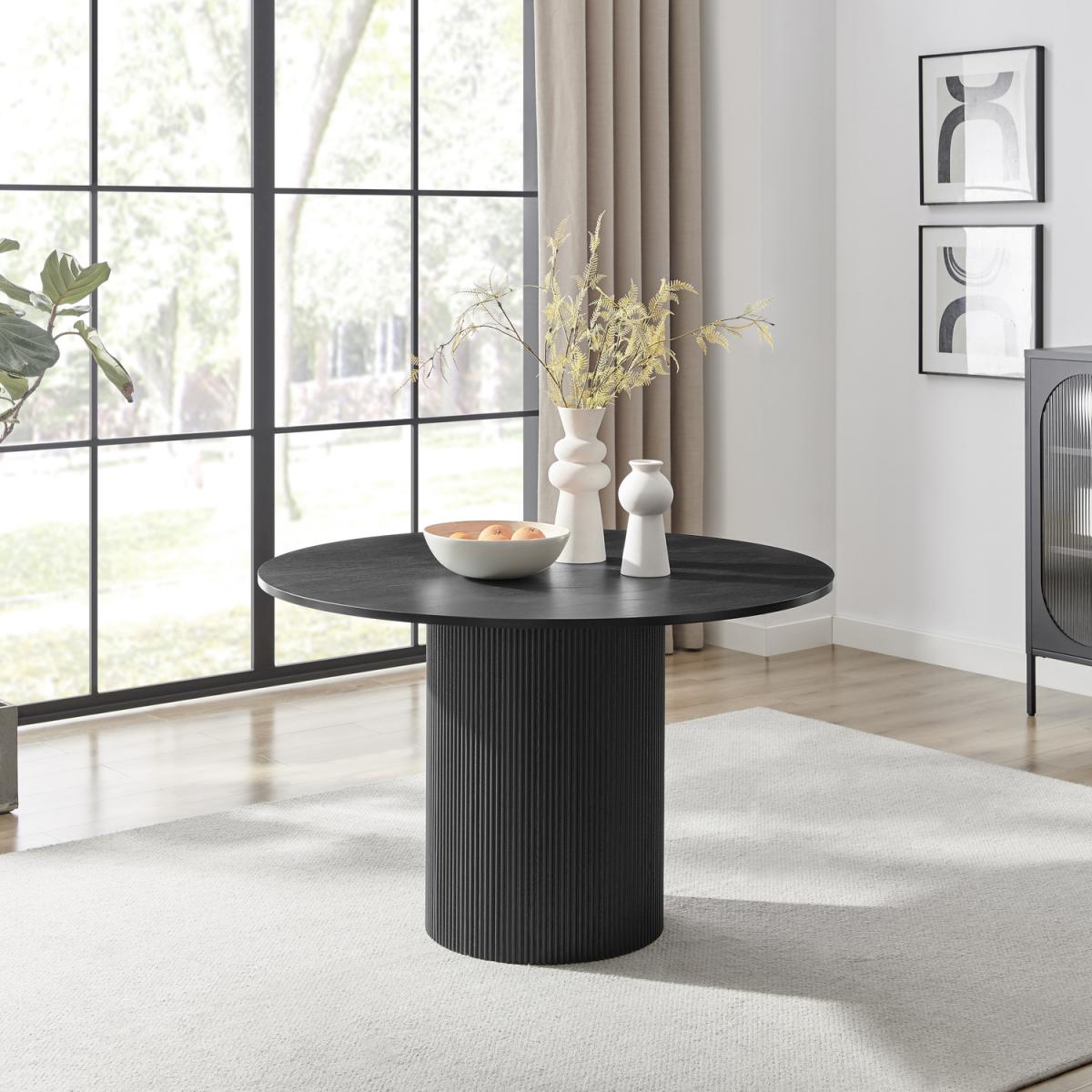 Penrose Black Round Dining Table 4 Oak Masa Chairs - Oak