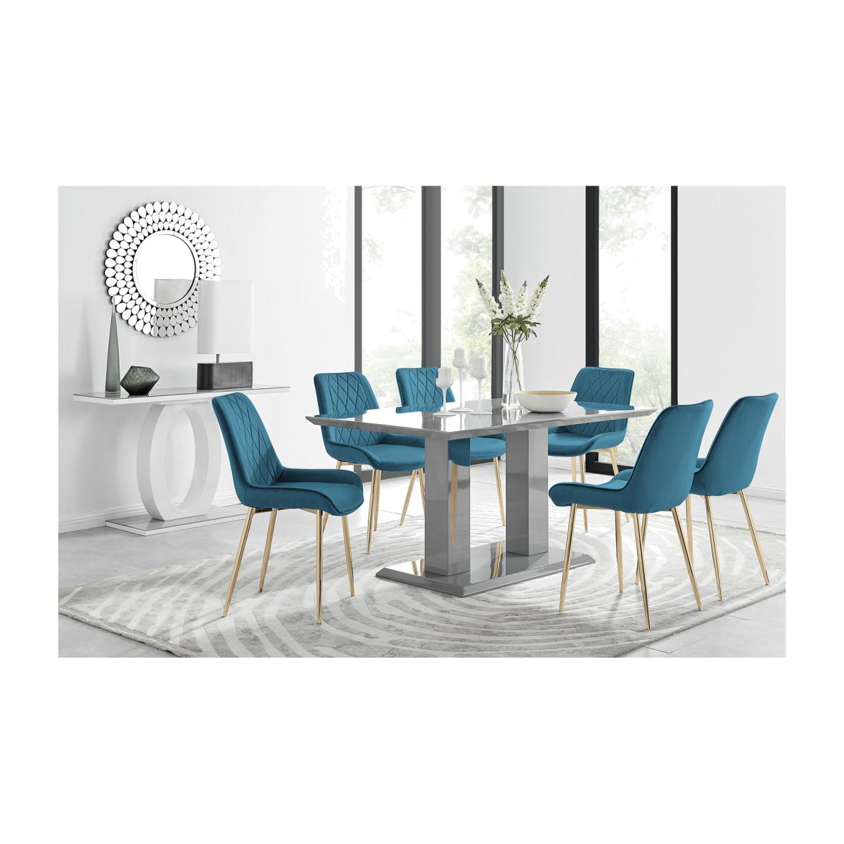 Imperia 6 Grey Dining Table and 6 Pesaro Gold Leg Chairs - Blue – image 1